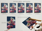 Available options are displayed. Stretched canvas prints fine art poster paper and floating frames are shown. These options allow customers to customize their pink poppy art. It is modern botanical art for any space. Choose your perfect contemporary wall art.
