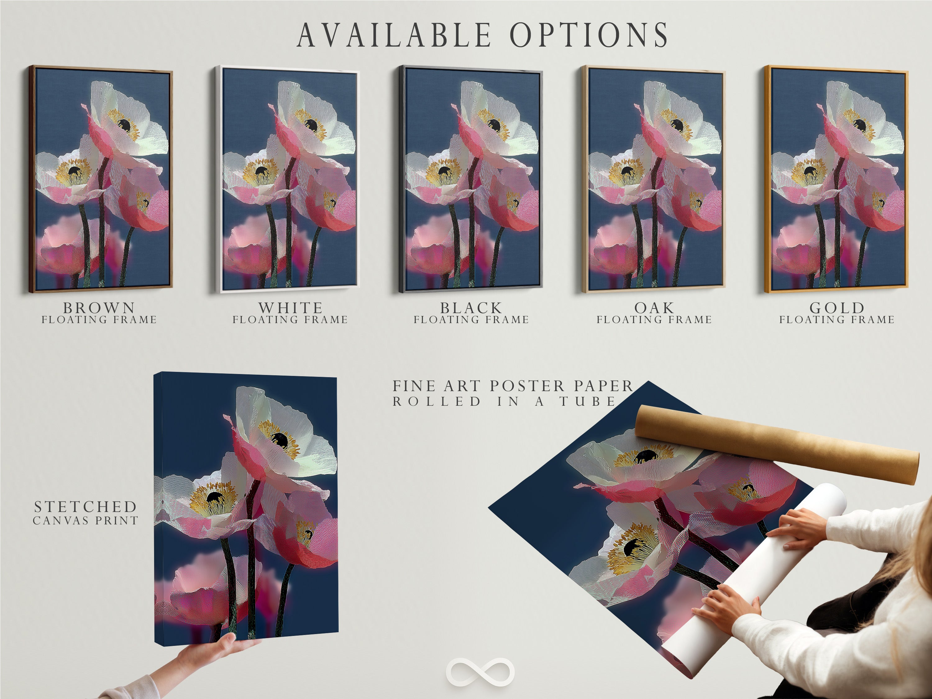 Available options are displayed. Stretched canvas prints fine art poster paper and floating frames are shown. These options allow customers to customize their pink poppy art. It is modern botanical art for any space. Choose your perfect contemporary wall art.
