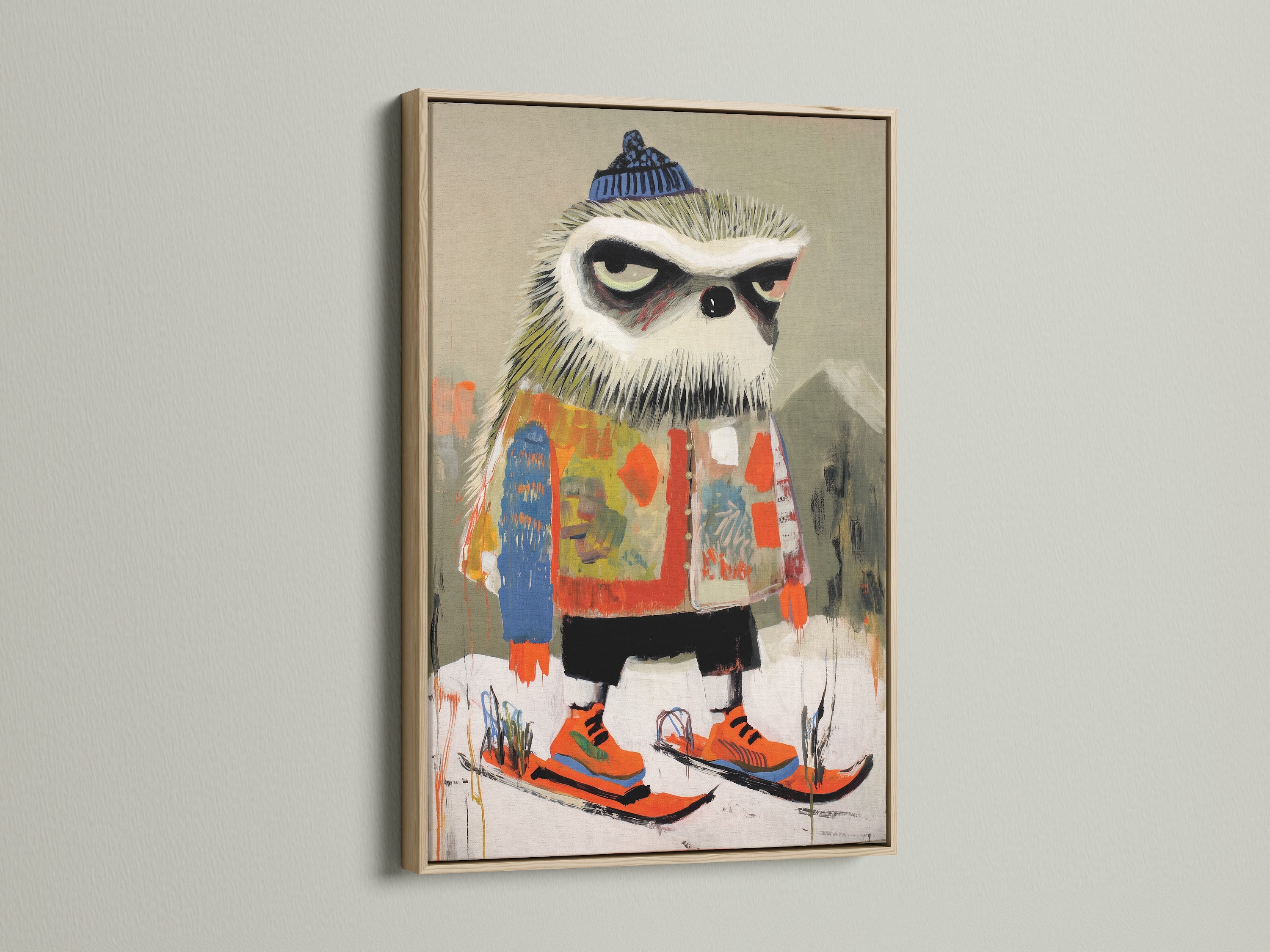 The skiing owl art is beautifully presented in an oak frame. This winter animal print enhances contemporary eclectic and Scandinavian styles. Perfect as funny wall decor or kids room wall art this piece features a colorful owl ready for the slopes. It adds a playful touch to any space including nurseries and playrooms.