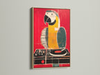 A vibrant parrot artwork is showcased in an oak frame. The art features bold red and yellow colors. It adds a touch of contemporary style to any room. Perfect for homeowners and interior artists.