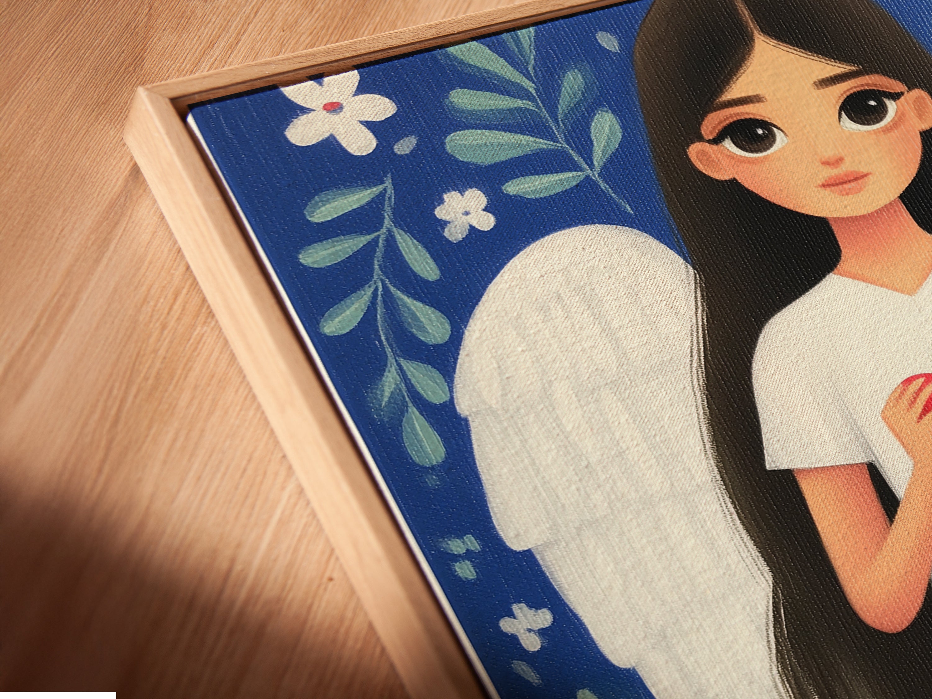 Close-up of the Nurse Angel canvas print in a floating frame. The frame enhances the artwork's depth and detail. The artwork features a nurse with angel wings holding a heart with a medical cross. A sophisticated choice for medical office decor and gifts.