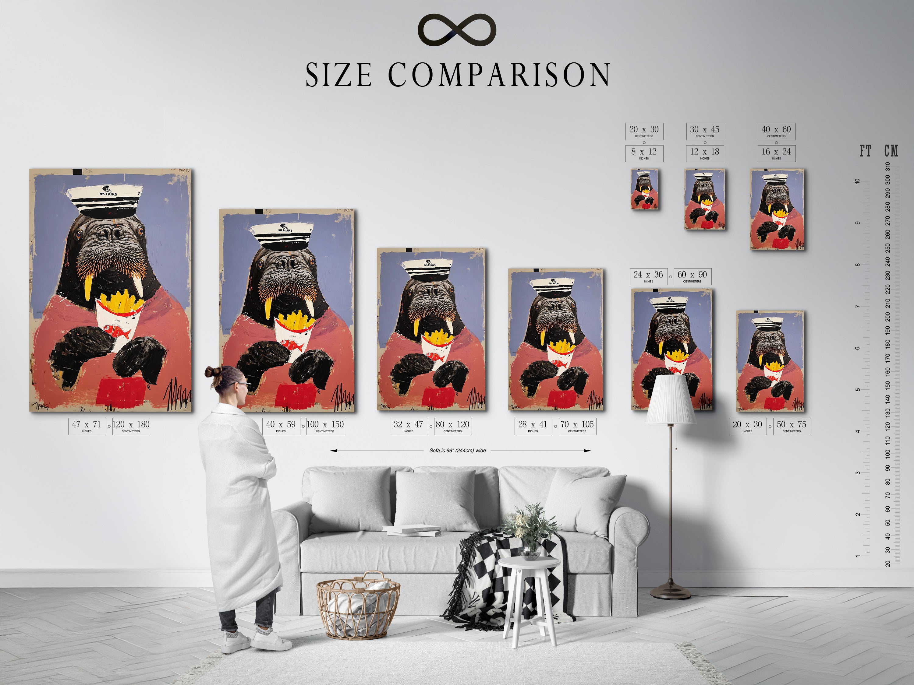 A size comparison chart is displayed in an interior setting. See how the walrus art print fits in your home. Choose the perfect size for your animal captain artwork. Visualize your quirky wall art before you buy. This helps you select the right sailor wall decor.