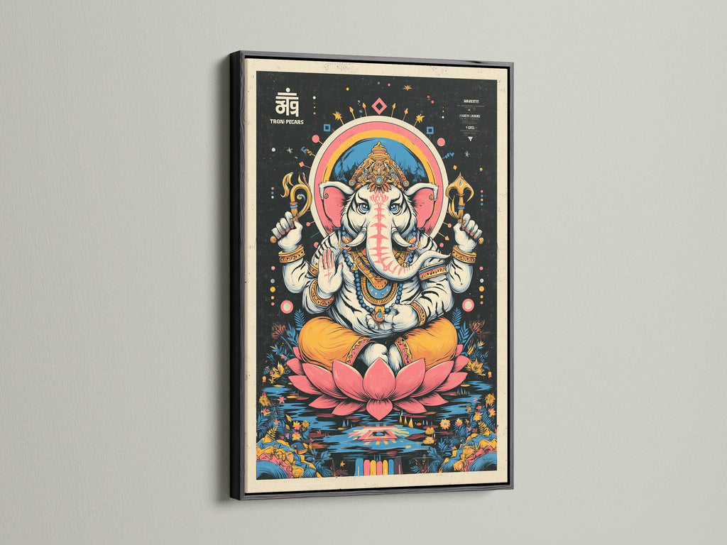 Ganesha Canvas Print in a black frame. This Hindu God wall art is perfect for spiritual meditation. Add a spiritual touch to your yoga studio decor. This elephant deity artwork is a unique piece. The artwork has vibrant pink accents.