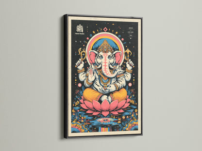 Ganesha Canvas Print in a black frame. This Hindu God wall art is perfect for spiritual meditation. Add a spiritual touch to your yoga studio decor. This elephant deity artwork is a unique piece. The artwork has vibrant pink accents.