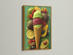 Elevate your decor with a gold framed art print. The print features an ice cream cone. It is surrounded by vibrant fruits. The gold frame adds a touch of luxury. It enhances the artwork's appeal. A perfect statement piece for any room. Enjoy the elegance of gold.