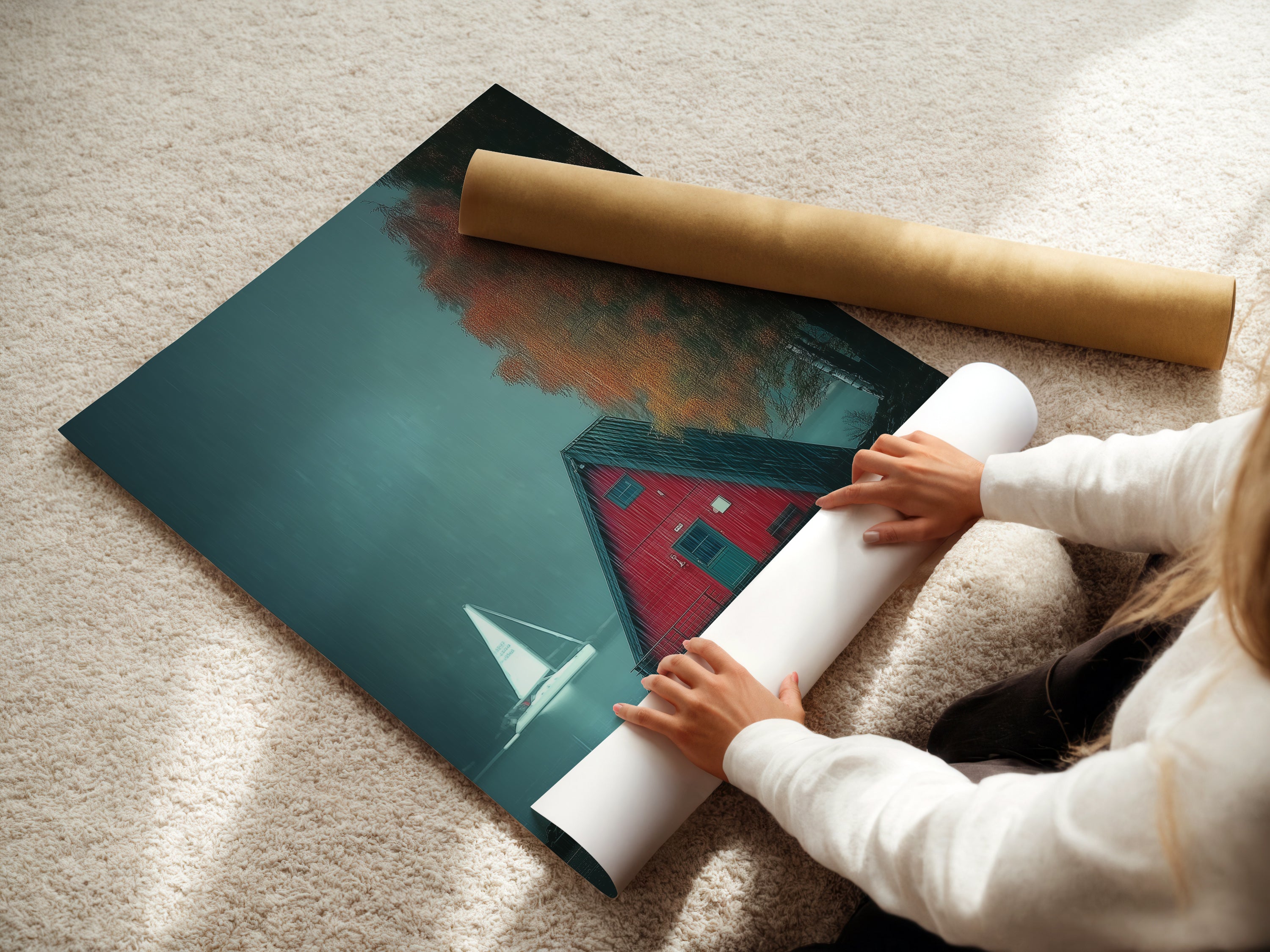 A woman is carefully rolling a fine art poster paper. The poster features a moody lake landscape artwork. This fine art print is perfect for cottagecore decor. Ideal for creating a cozy and nature-inspired atmosphere in your home. A beautiful piece of cabin artwork for any space.