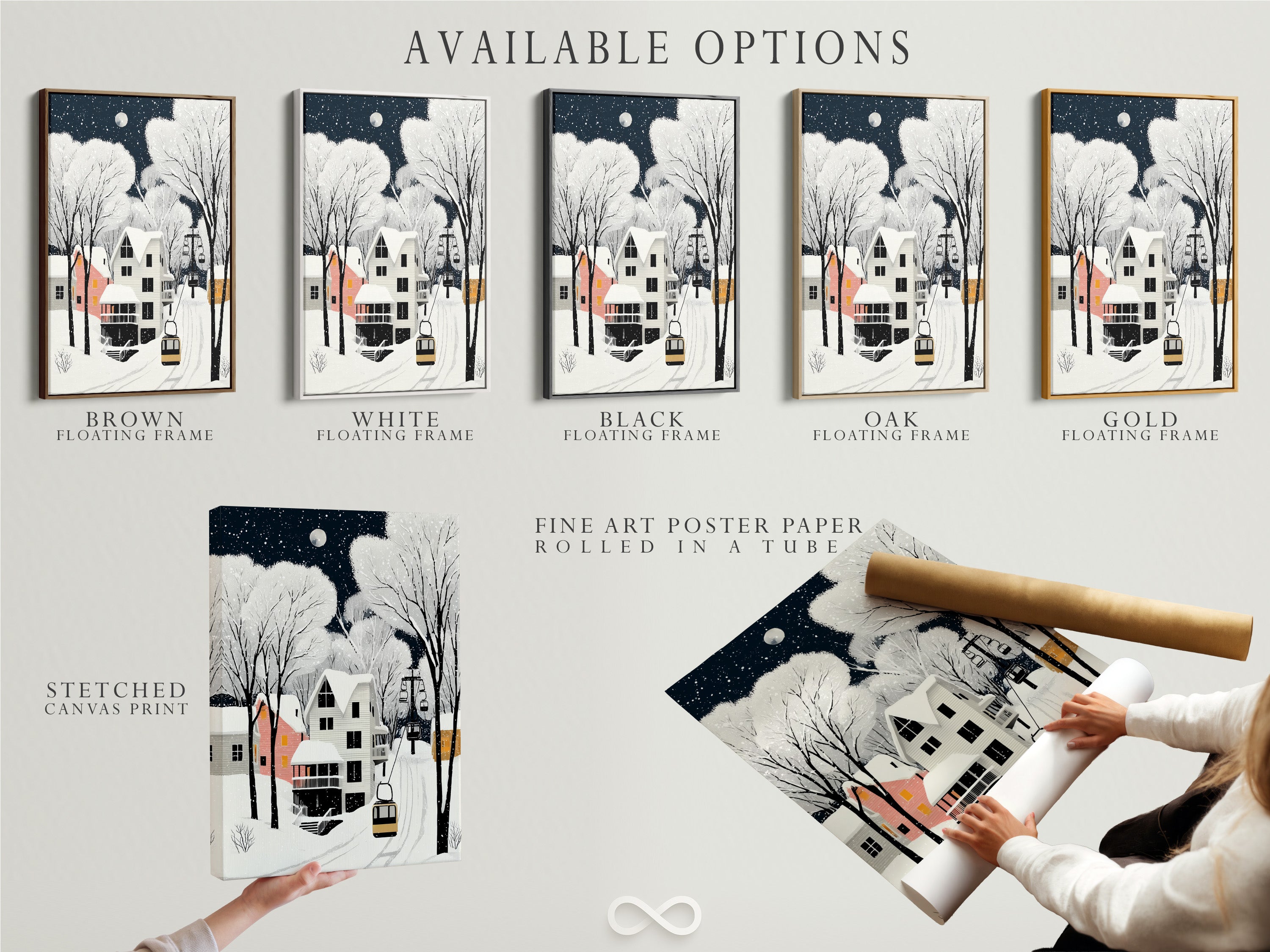 Explore available options for Winter Village art including stretched canvas prints fine art poster paper and floating frames. Find the perfect medium for your cozy snow scene wall art today. Elevate your space with Scandinavian folk art.