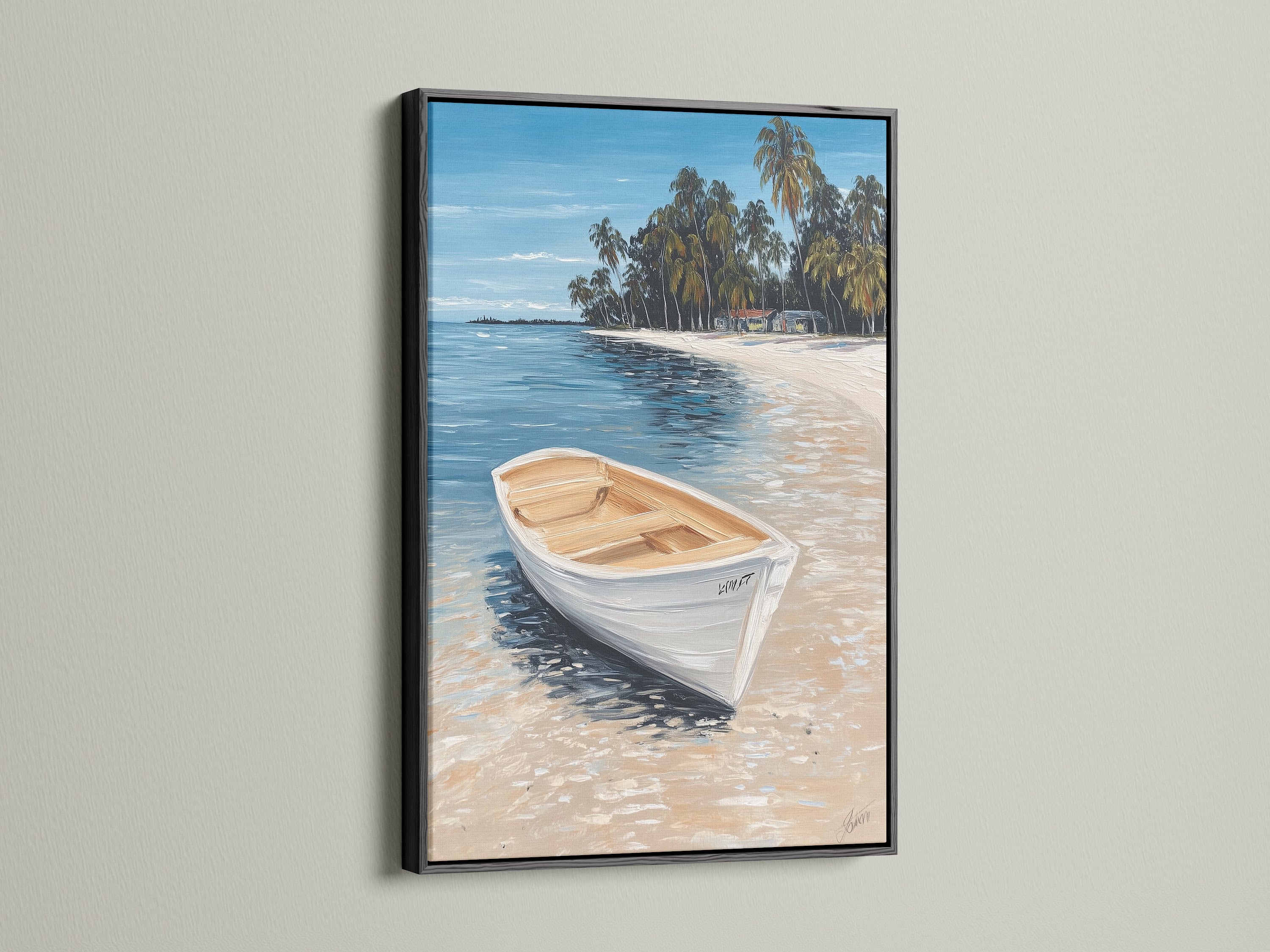 Tropical beach canvas artwork with a white boat in a black frame. This coastal wall art complements any interior. The seascape artwork offers a calming sea view. Perfect for creating a beachy atmosphere. Discover our island art and nautical decor. Bring the beach home.