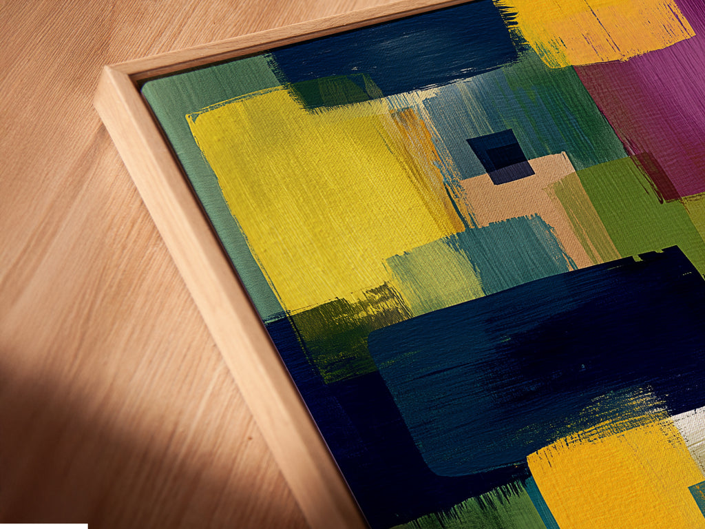 A close-up angled view of a canvas print. The artwork features an abstract colorful pattern with brushstrokes in yellow blue and purple. The canvas is mounted in a floating frame. The floating frame enhances the artwork's contemporary appeal.