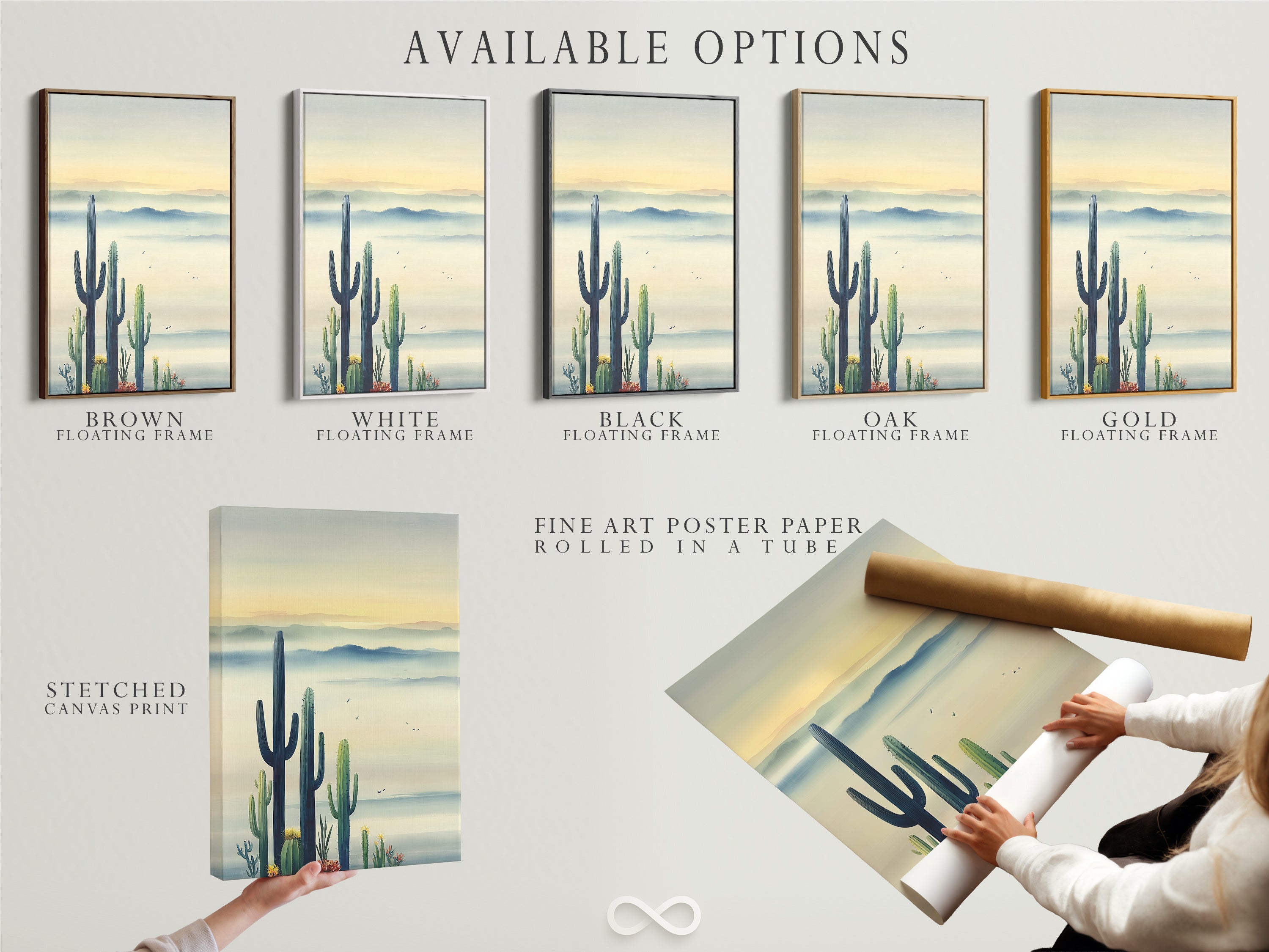 Available options are showcased in this image. Choose from stretched canvas prints fine art poster paper or floating frames. Each option offers a unique way to display cactus artwork. Select the perfect medium for your desert landscape wall art. Consider your style and decor preferences. Homeowners and stylists can find the ideal presentation here.