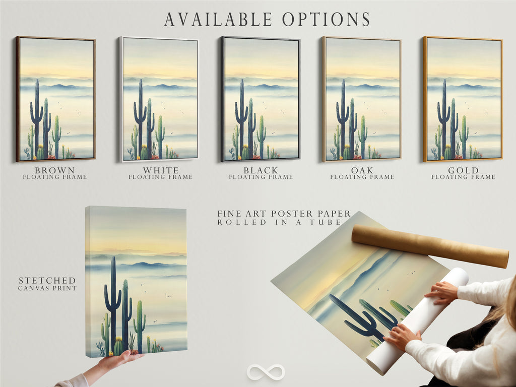 Available options for cactus artwork. Choose between a stretched canvas print or fine art poster paper. Select a floating frame to complete your southwest decor. The blue haze art is versatile. Find your perfect style.