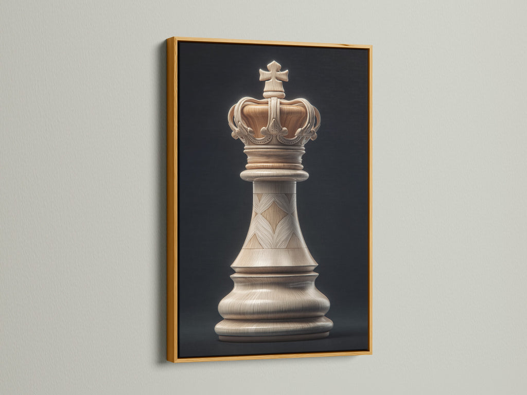 This artwork is beautifully framed in gold. The artwork features a chess king piece. The gold frame exudes elegance and luxury. It elevates the artwork creating a sophisticated and eye-catching display in any room.