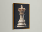 This artwork is beautifully framed in gold. The artwork features a chess king piece. The gold frame exudes elegance and luxury. It elevates the artwork creating a sophisticated and eye-catching display in any room.