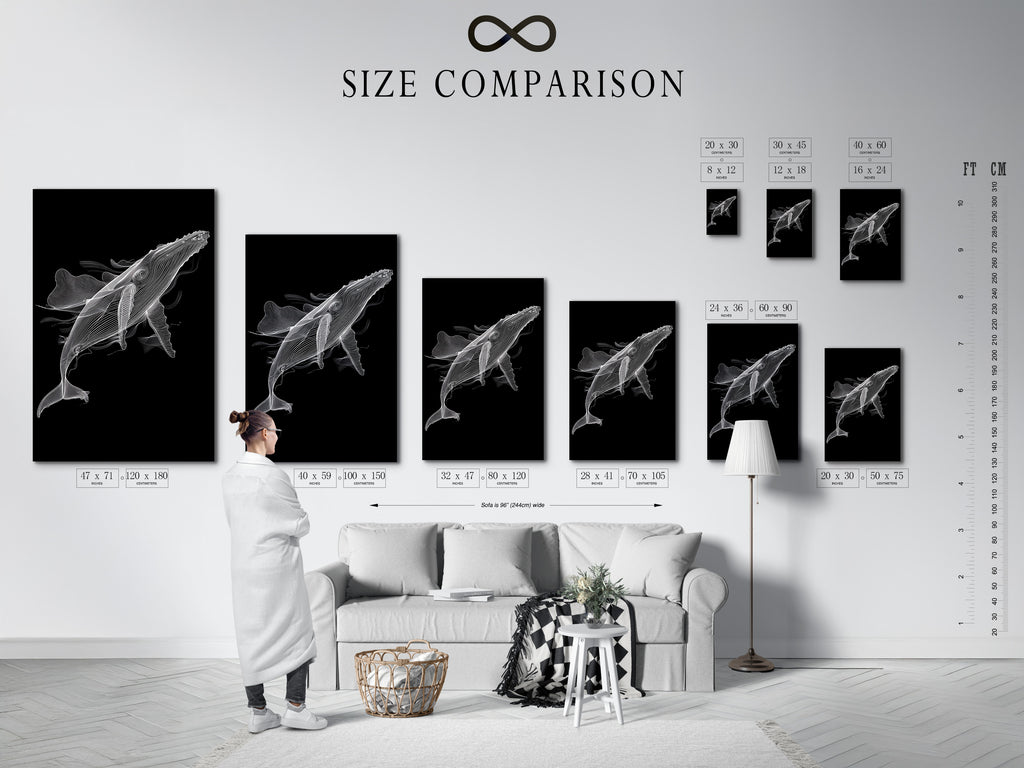 A size comparison chart is displayed in an interior setting showing a black and white whale artwork. Visualize the perfect size for your space. Choose the ideal dimensions for your minimalist whale art. Find the perfect fit for your ocean wall art. Make an informed decision today.