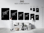 A size comparison chart is displayed in an interior setting showing a black and white whale artwork. Visualize the perfect size for your space. Choose the ideal dimensions for your minimalist whale art. Find the perfect fit for your ocean wall art. Make an informed decision today.
