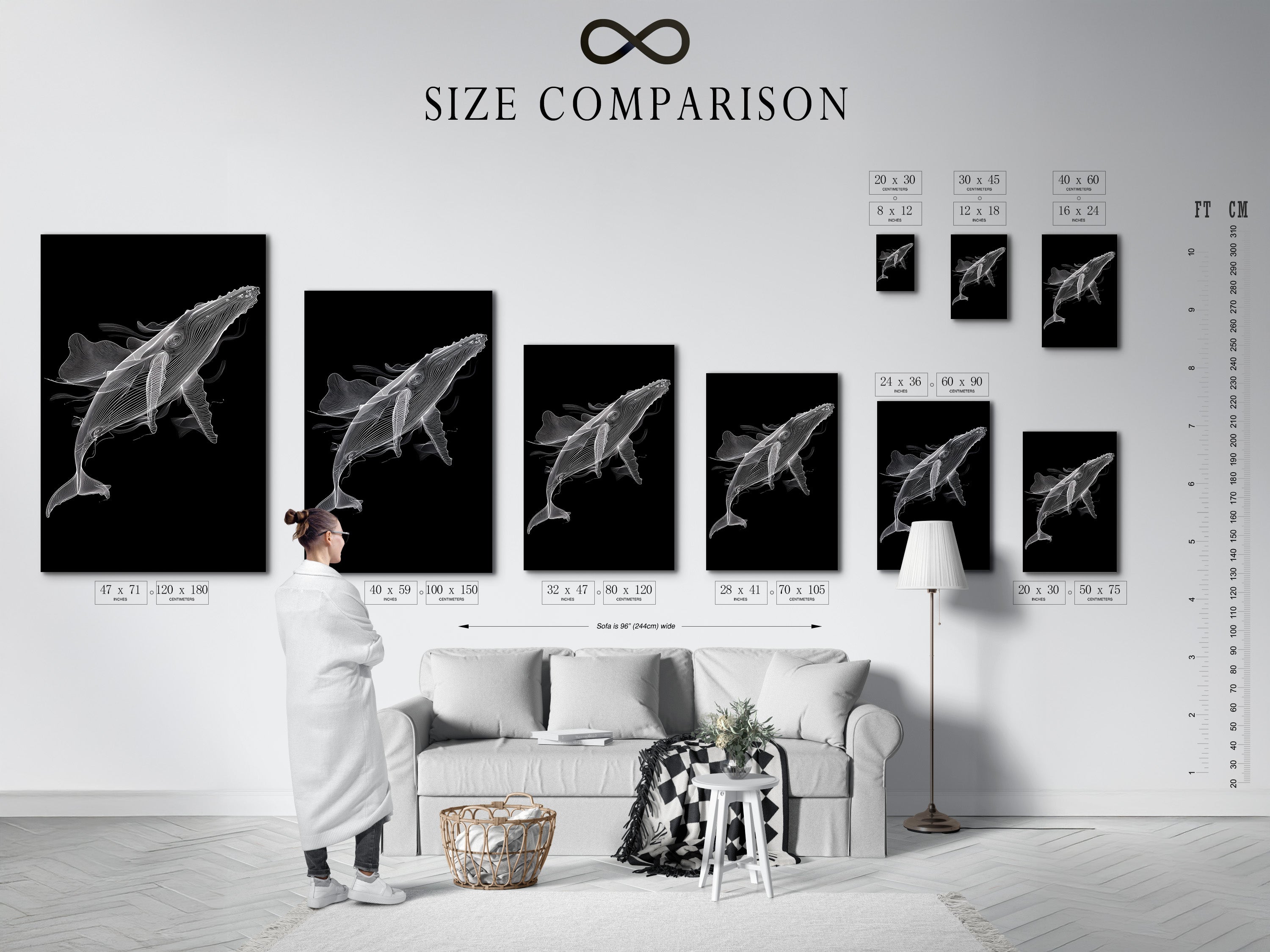 A size comparison chart is displayed in an interior setting showing a black and white whale artwork. Visualize the perfect size for your space. Choose the ideal dimensions for your minimalist whale art. Find the perfect fit for your ocean wall art. Make an informed decision today.