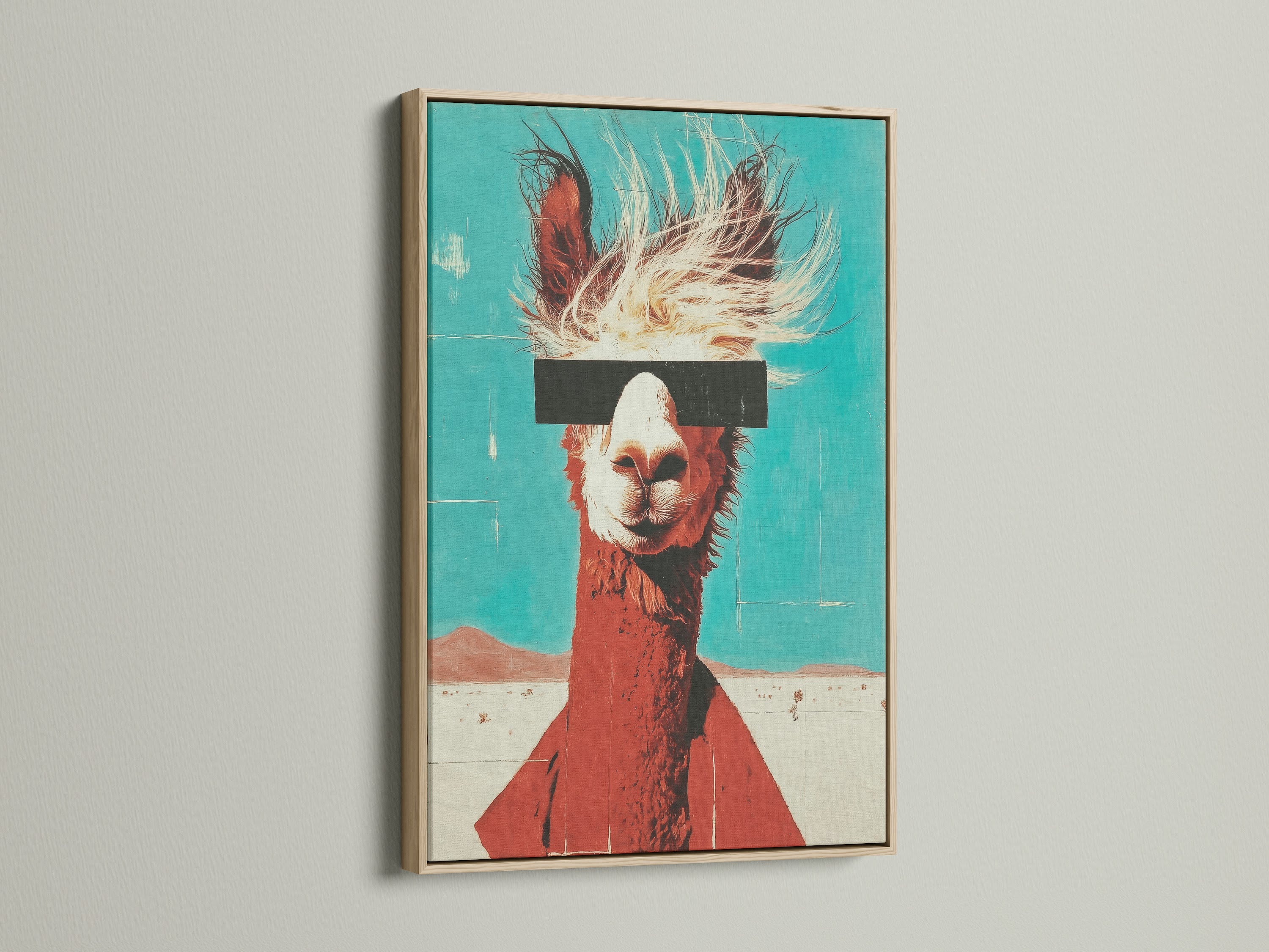 Llama canvas print in an oak frame. It adds a touch of modern style to any room. Retro teal and orange colors enhance the cool animal art. Perfect for contemporary home decor.