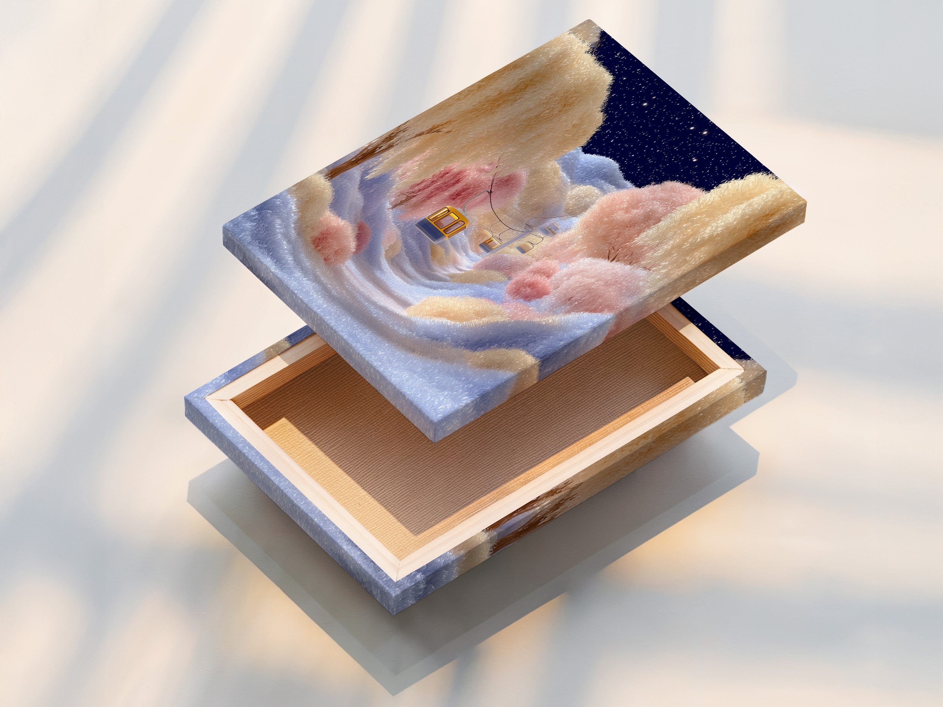 A stretched canvas print featuring dreamy cloud artwork. The pastel sky art is ready to hang. No framing is required. This canvas print brings a soft fantasy landscape to your walls.