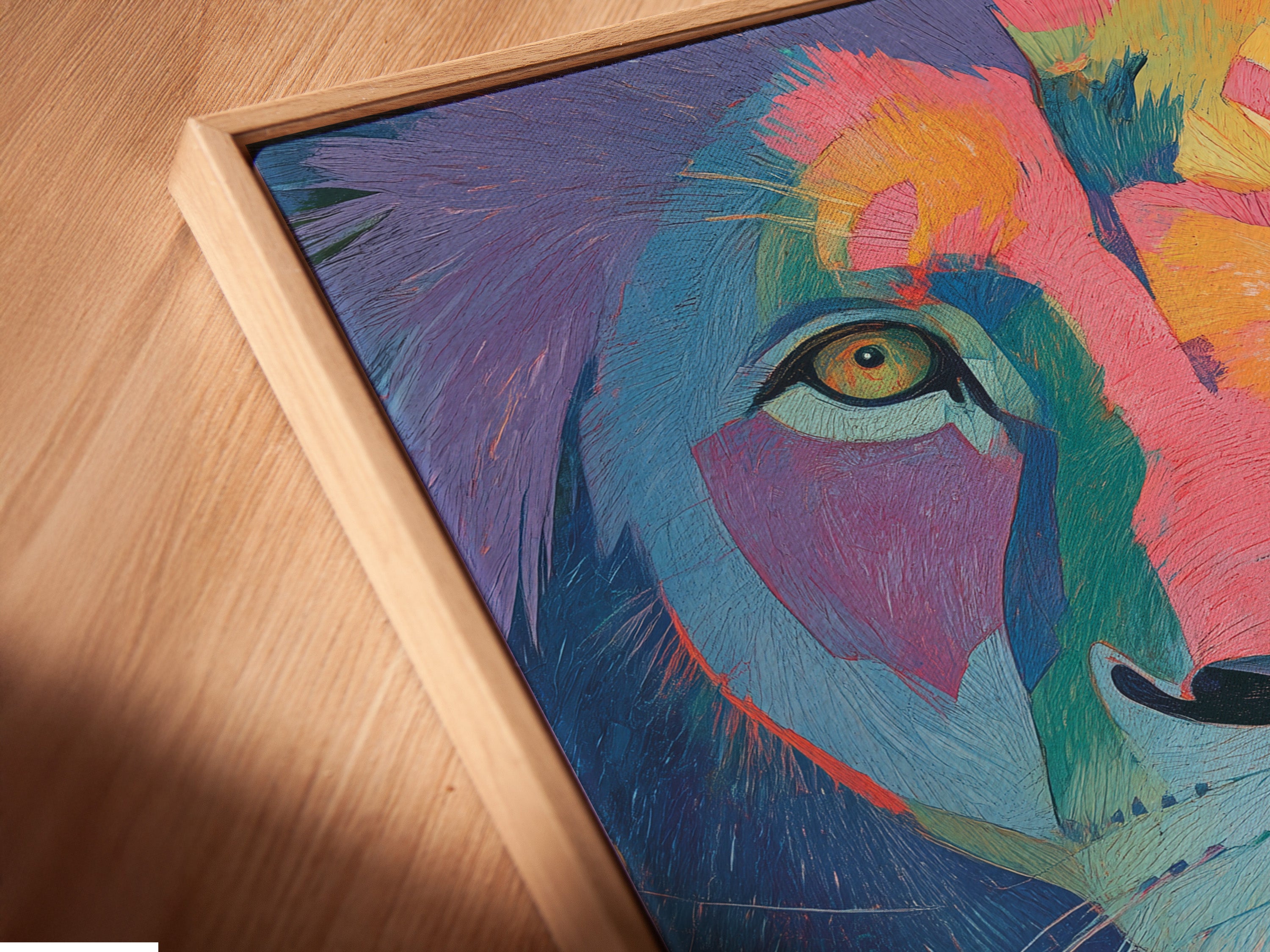 This is an angled close up of a canvas print in a floating frame. The floating frame gives a modern gallery look. It enhances the artwork's visual appeal. Notice the fine details and craftsmanship.