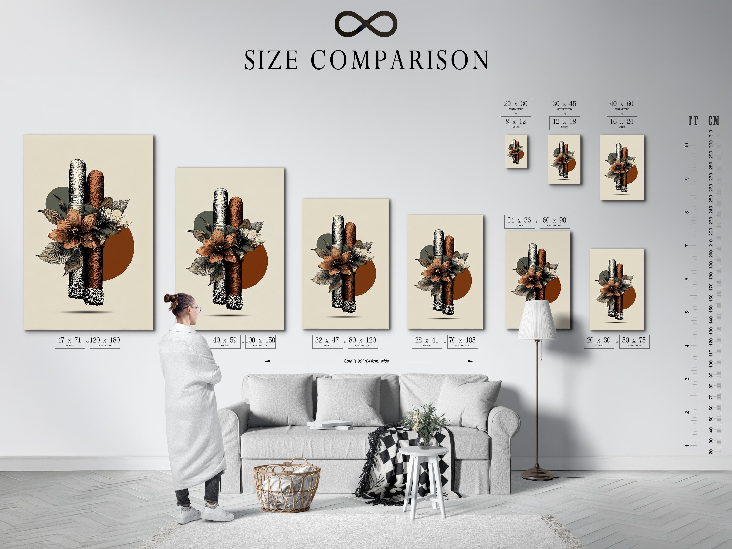 This is a size comparison chart in an interior. It shows the different sizes of boho floral artwork with cigars. The primary color is brown and the secondary color is beige. Find the perfect size for your space. This is perfect Eclectic Wall Art.