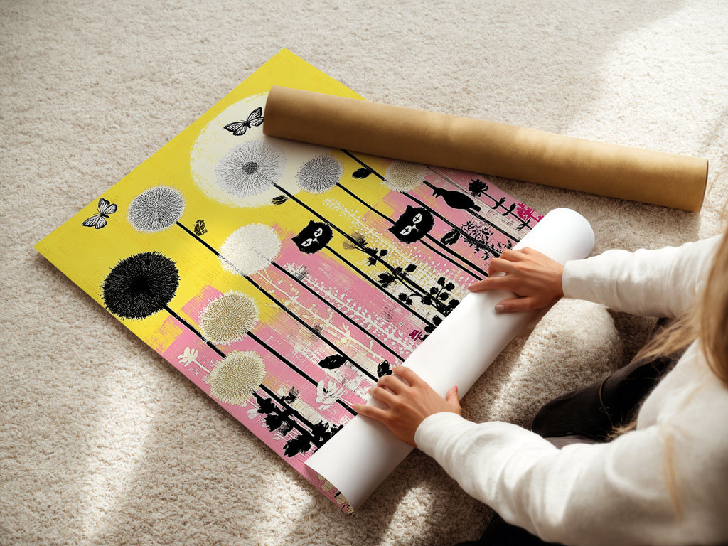 A woman is carefully rolling a fine art poster paper print of the cat garden artwork. This playful feline poster features yellow and pink floral elements. This makes it perfect for kids room decor. The fine art paper ensures high-quality reproduction.