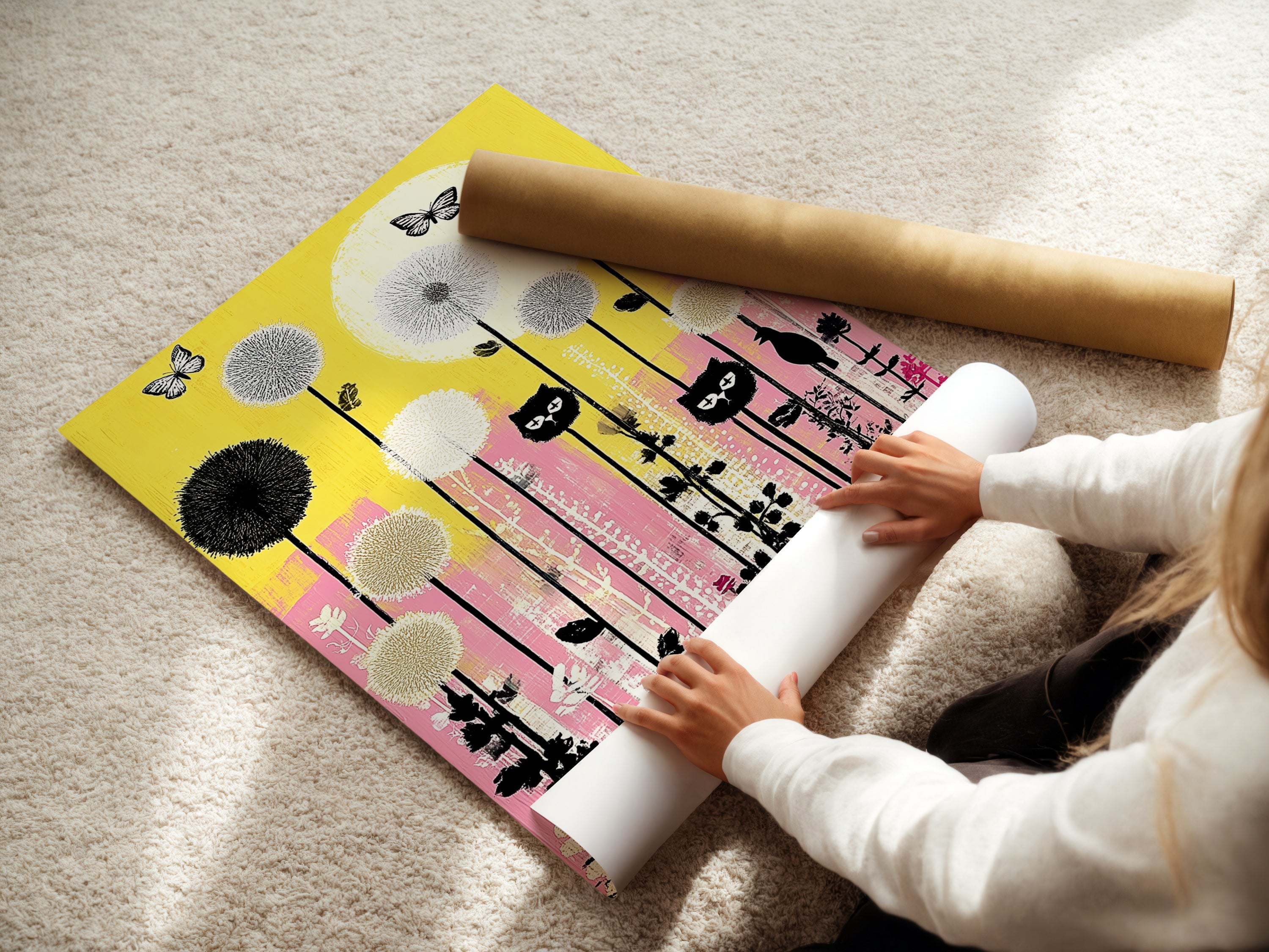 A woman is carefully rolling a fine art poster paper print of the cat garden artwork. This playful feline poster features yellow and pink floral elements. This makes it perfect for kids room decor. The fine art paper ensures high-quality reproduction.