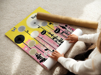 A woman is carefully rolling a fine art poster paper print of the cat garden artwork. This playful feline poster features yellow and pink floral elements. This makes it perfect for kids room decor. The fine art paper ensures high-quality reproduction.