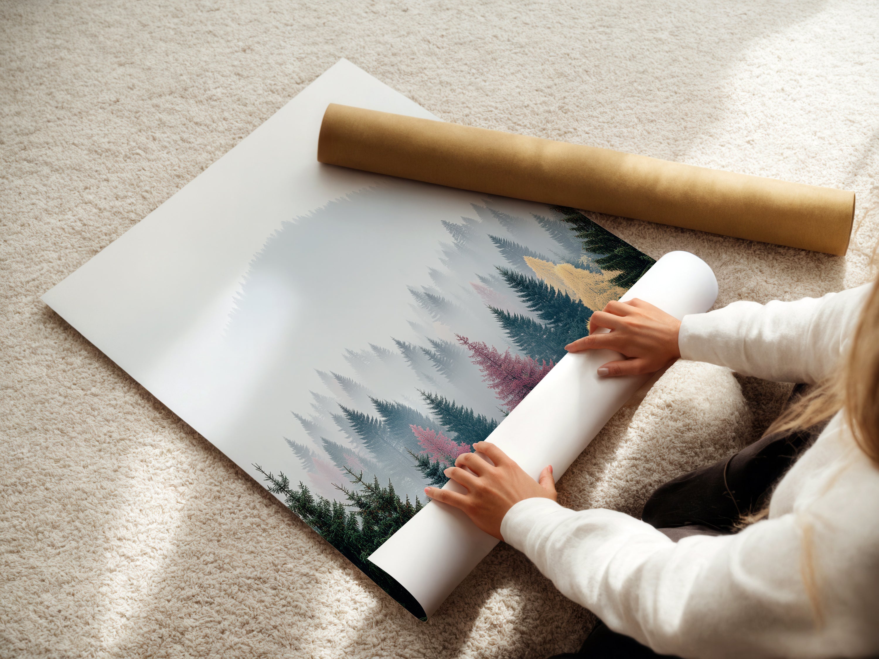 A woman is carefully rolling a fine art poster paper. The paper features a misty mountain forest scene. This nature photography print captures serene beauty. Perfect for homeowners and renters. Ideal for creating a calming atmosphere. Order yours today.