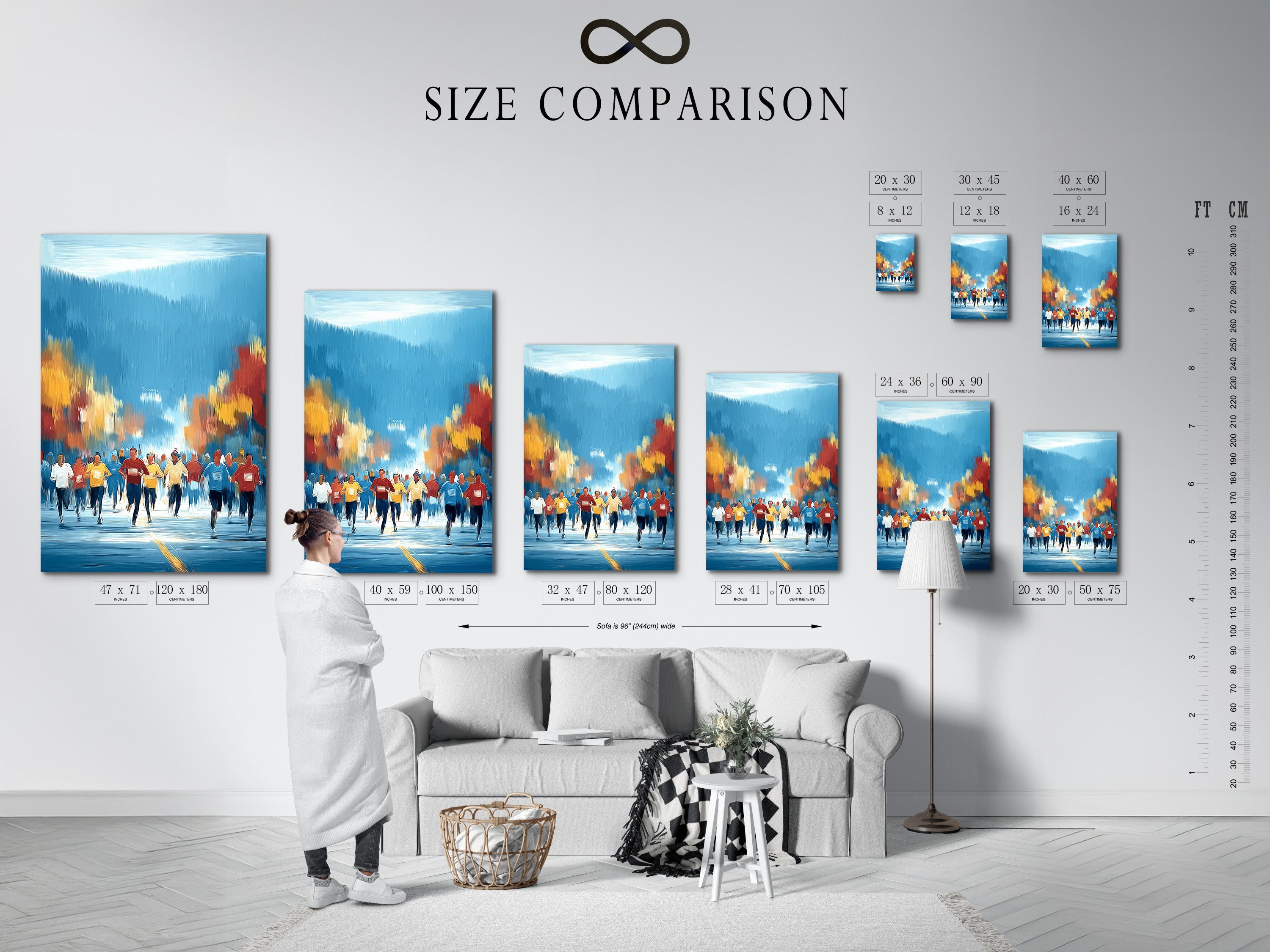 A size comparison chart displayed in an interior setting. See how the marathon runners artwork fits in different room sizes. Perfect for planning your sports wall decor and fitness motivation. Choose the ideal size for your home gym office or living room.