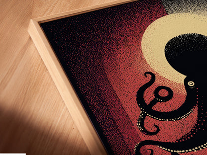 A close-up of a canvas print in a floating frame. The floating frame enhances the octopus artwork. The nautical wall art appears to float. It adds a modern touch to coastal decor. The sea creature print looks stunning and unique.