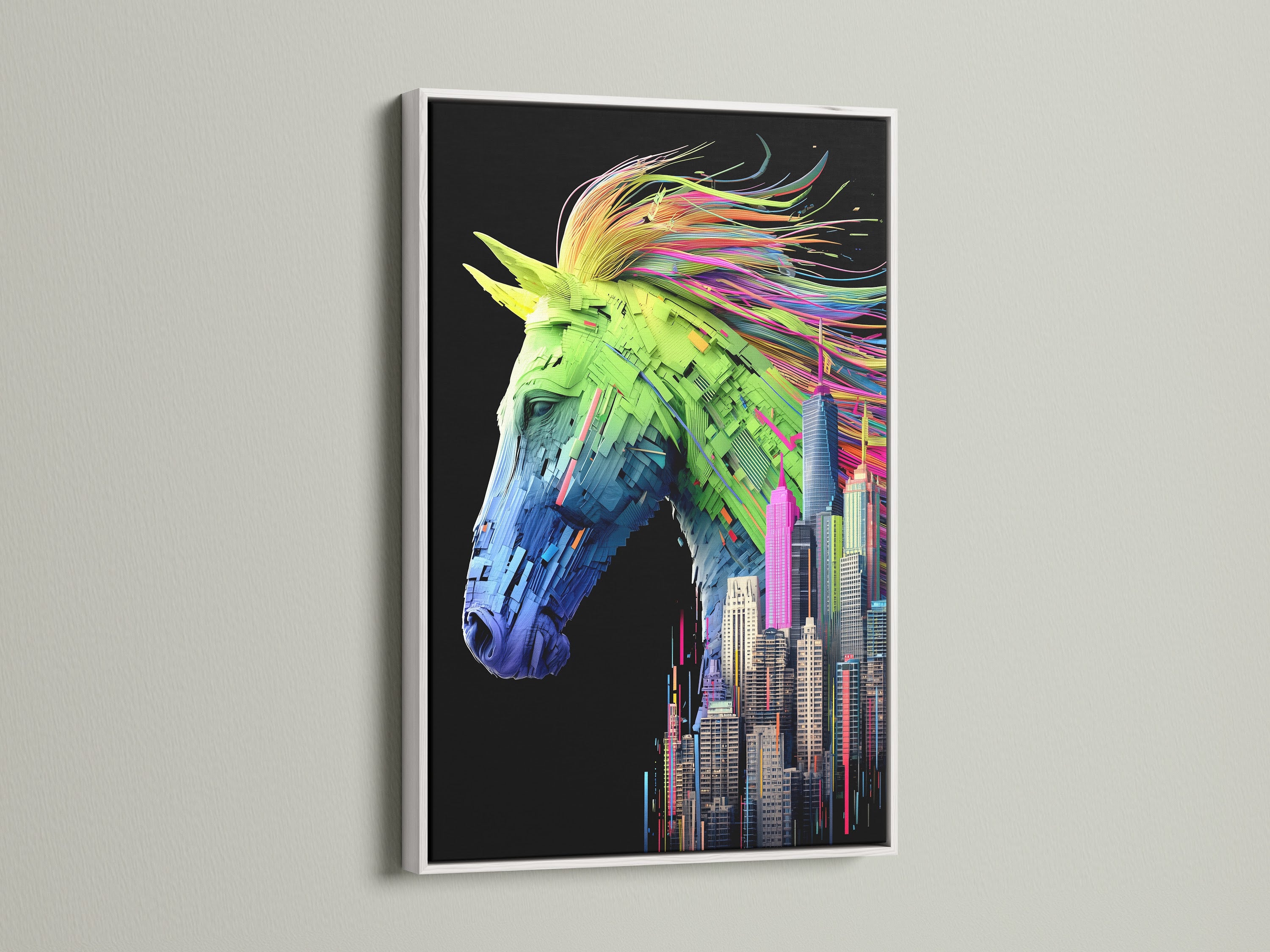 A white frame showcases a vibrant horse and cityscape artwork. The contrast highlights the colorful details. This modern piece is perfect for brightening any space. It adds a fresh touch to your home or office.