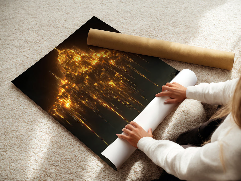 A woman rolls a fine art poster paper featuring gothic cathedral art. This is great mystical wall art to add dark academia decor to your space. See the fantasy architecture and golden light art. Find the perfect cathedral print for gothic wall decor. It is great for study room decor