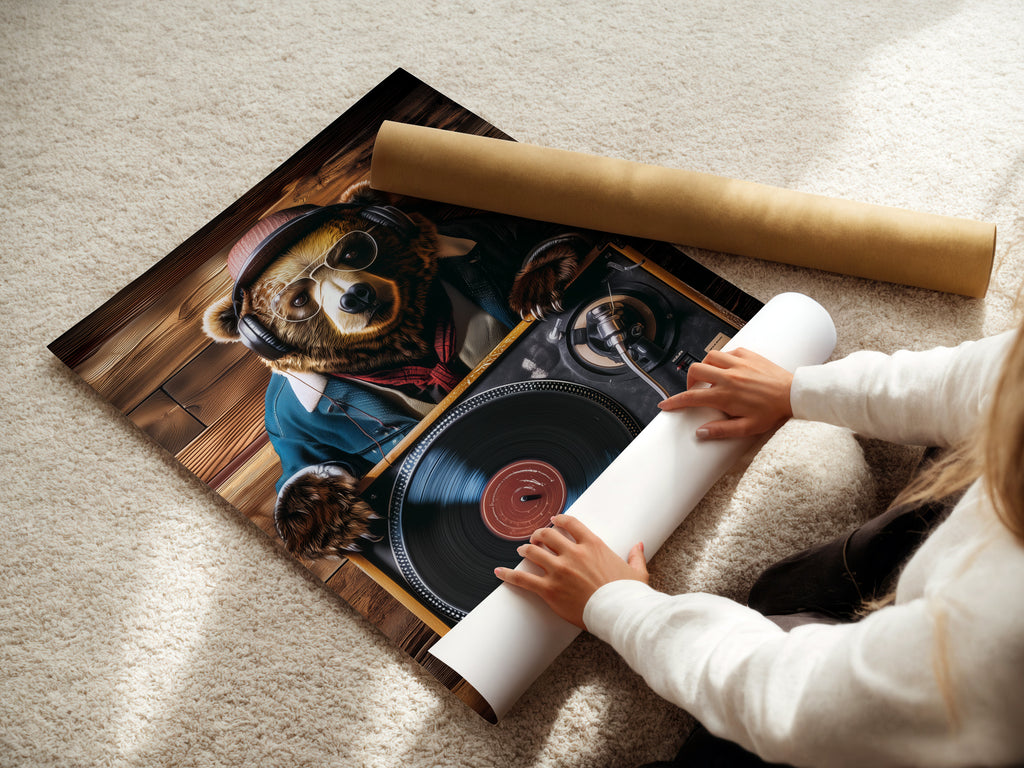 A woman is carefully rolling a fine art poster paper. She takes care in her work. This ensures the art paper is properly handled. This process preserves the quality of the print. This attention to detail results in a high-quality product.
