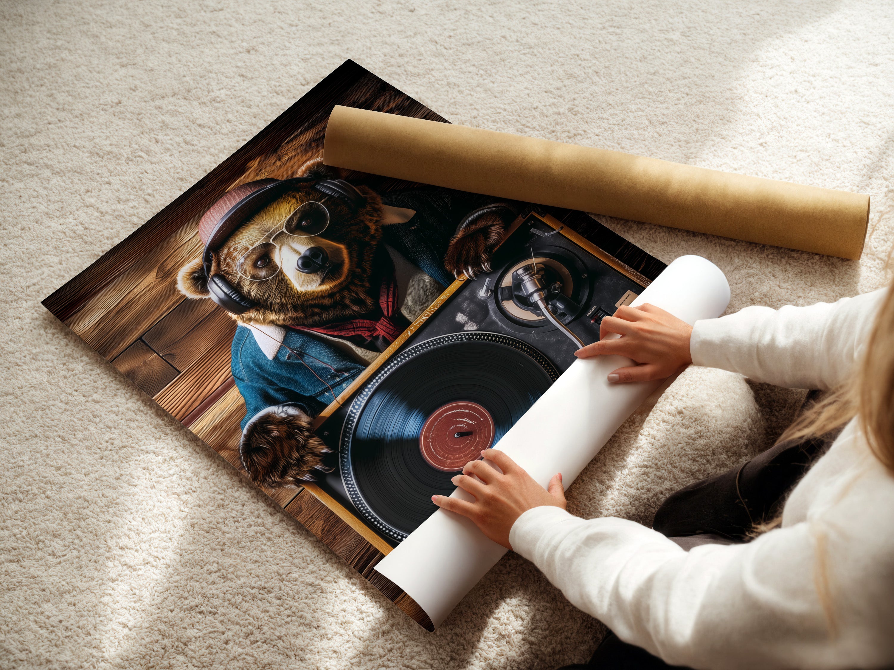 A woman is carefully rolling a fine art poster paper. She takes care in her work. This ensures the art paper is properly handled. This process preserves the quality of the print. This attention to detail results in a high-quality product.