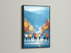 Framed marathon runners artwork with a black frame. A striking contrast enhances this fitness wall art. The artwork depicts a marathon scene with athletes. This sports canvas art is perfect for adding motivation to your home gym or office wall.