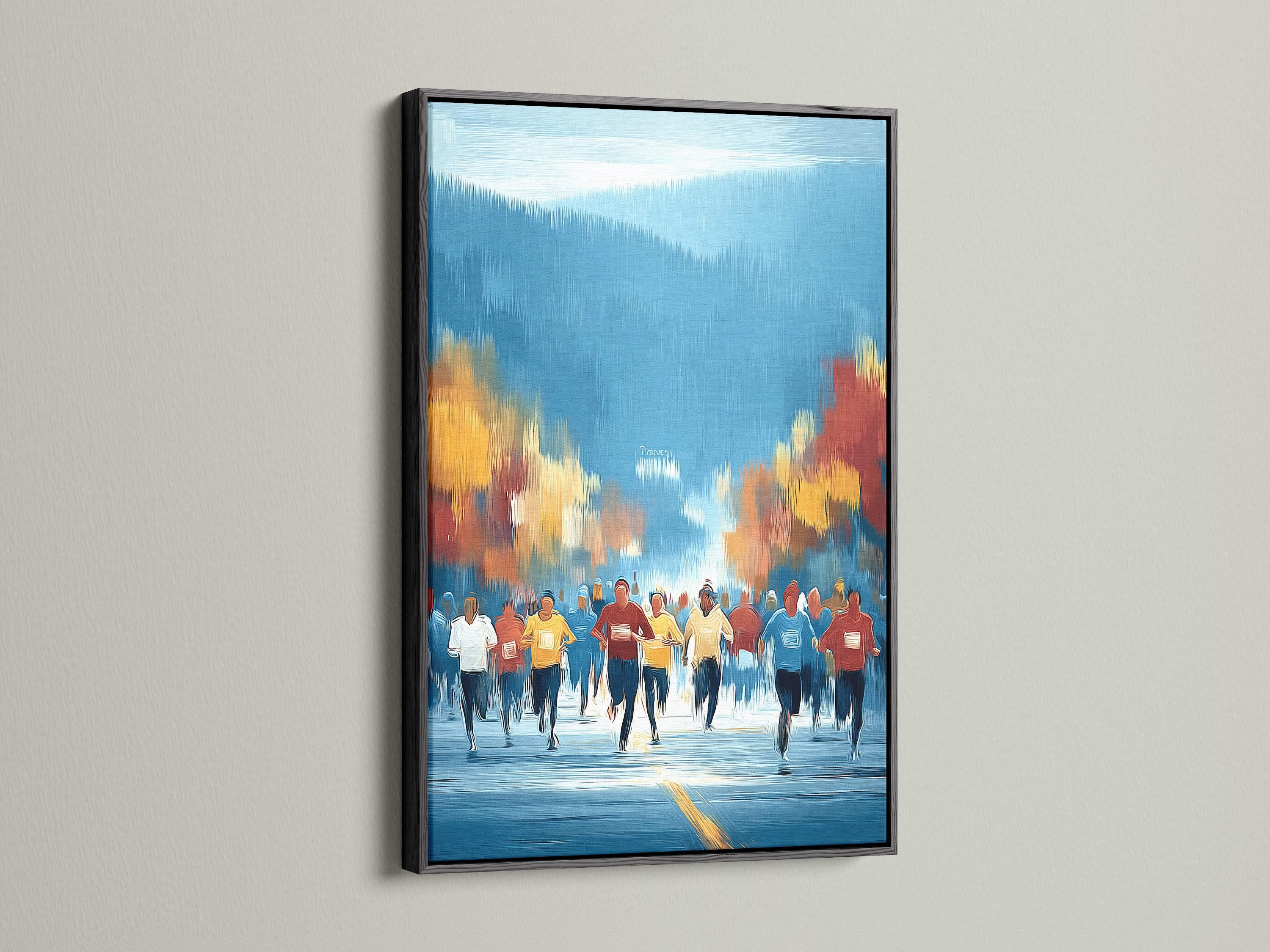 Framed marathon runners artwork with a black frame. A striking contrast enhances this fitness wall art. The artwork depicts a marathon scene with athletes. This sports canvas art is perfect for adding motivation to your home gym or office wall.