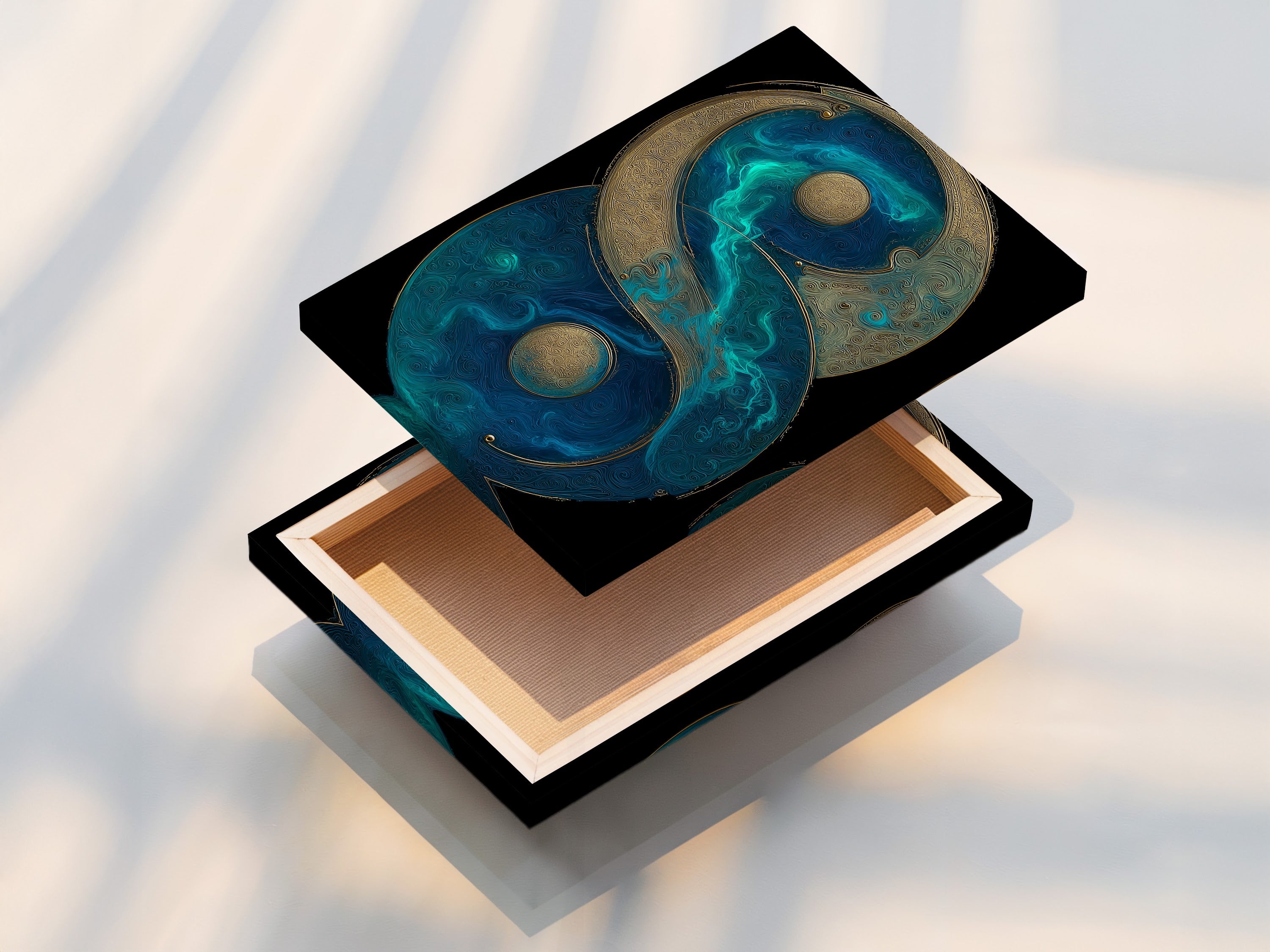 A stretched canvas print showcases Yin Yang artwork with teal blue and gold. This spiritual wall art is perfect for contemporary spaces. Great for living rooms bedrooms and yoga studios. Enhance your decor with this zen canvas print. This balance symbol art promotes mindfulness and harmony.