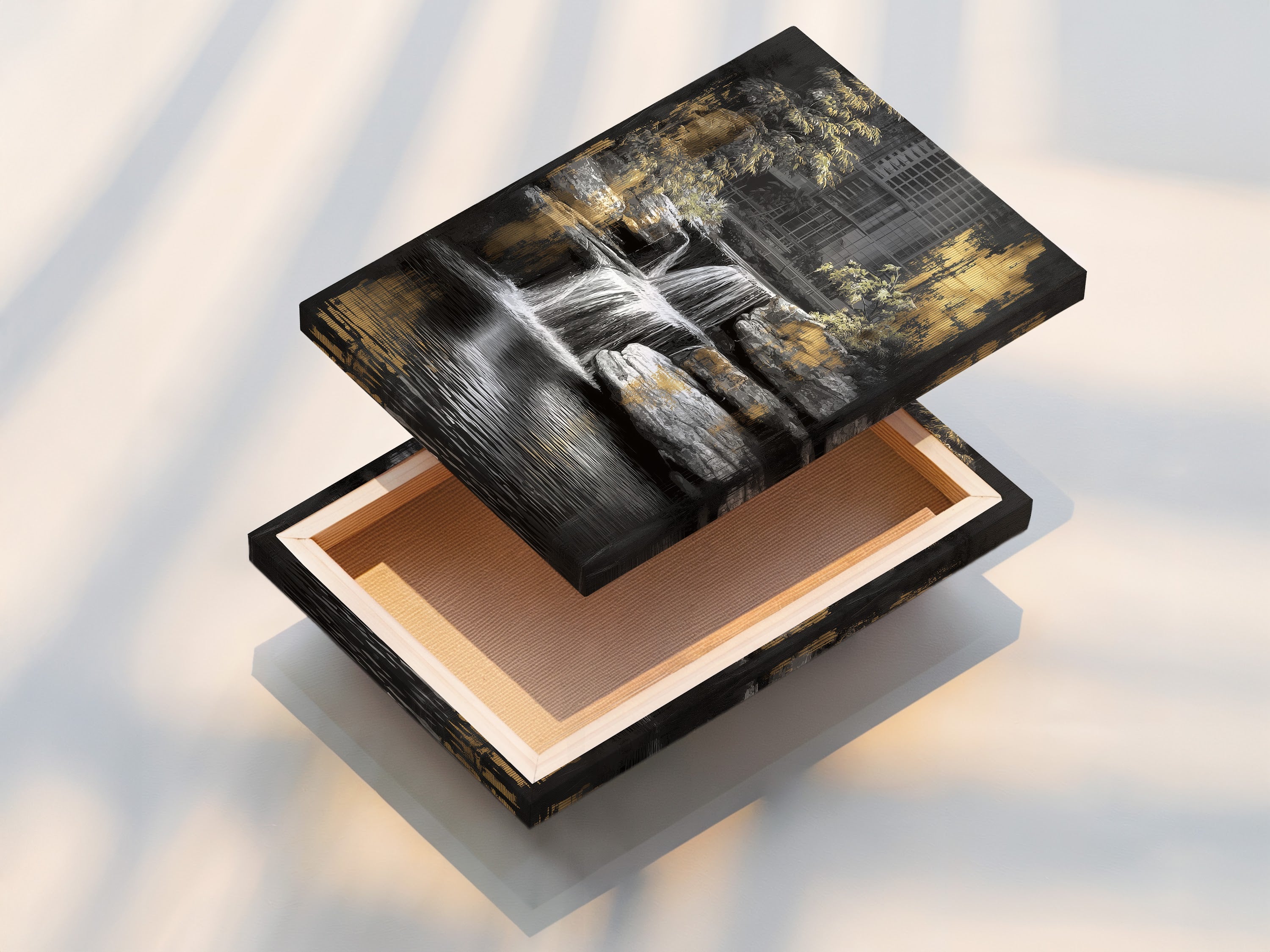 A stretched canvas print of waterfall art. This zen garden print is ready to hang. The nature canvas art adds a touch of elegance. Perfect for living room wall art or office wall art. The stretched canvas ensures a gallery like display. Enjoy this tranquil artwork.