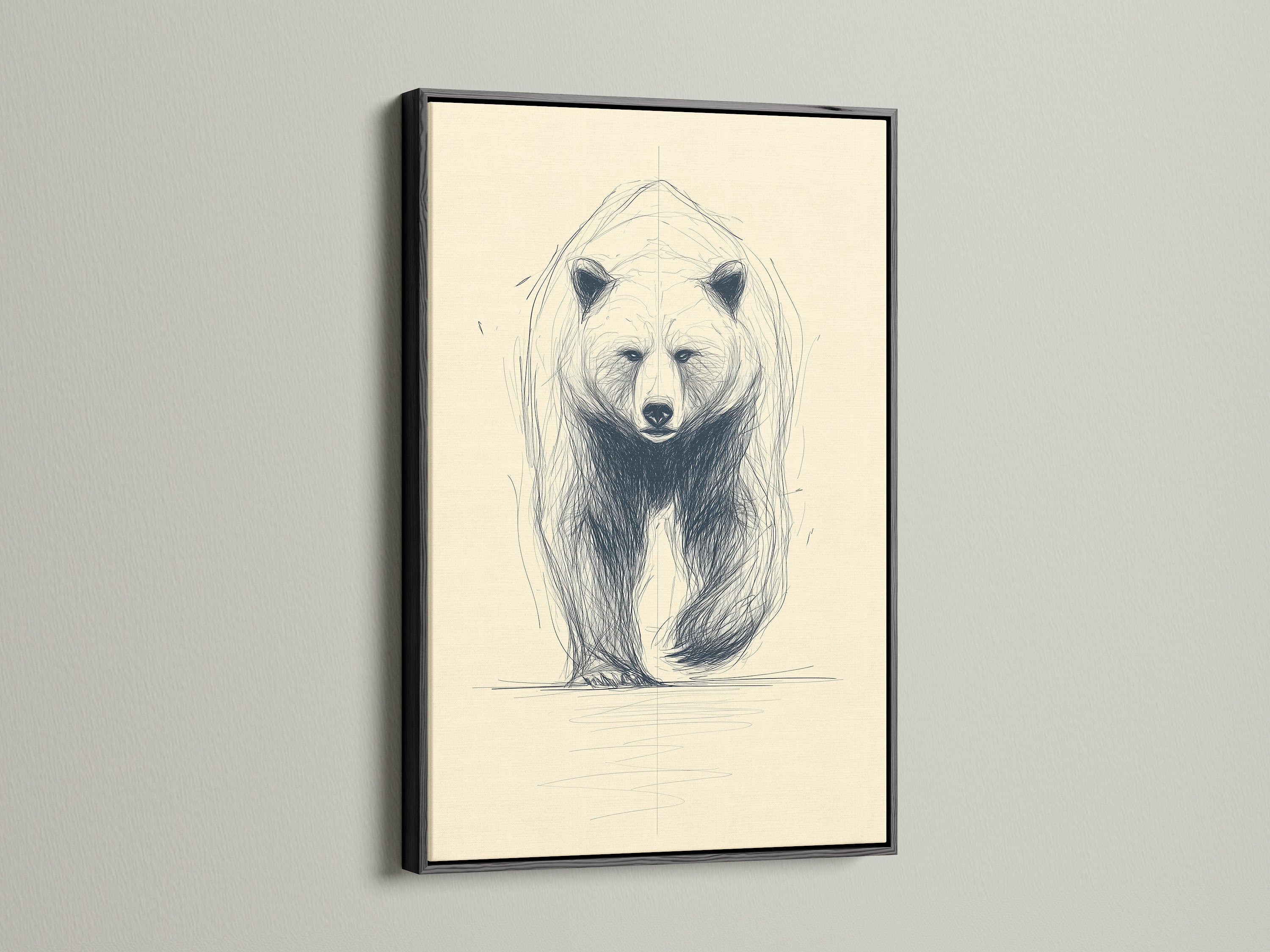 Bear art print displayed in a black frame. The black frame adds a bold touch to the minimalist wildlife sketch. Ideal for creating a striking contrast in your decor. This animal drawing is perfect for study rooms and man caves. This vintage sketch fits rustic styles.