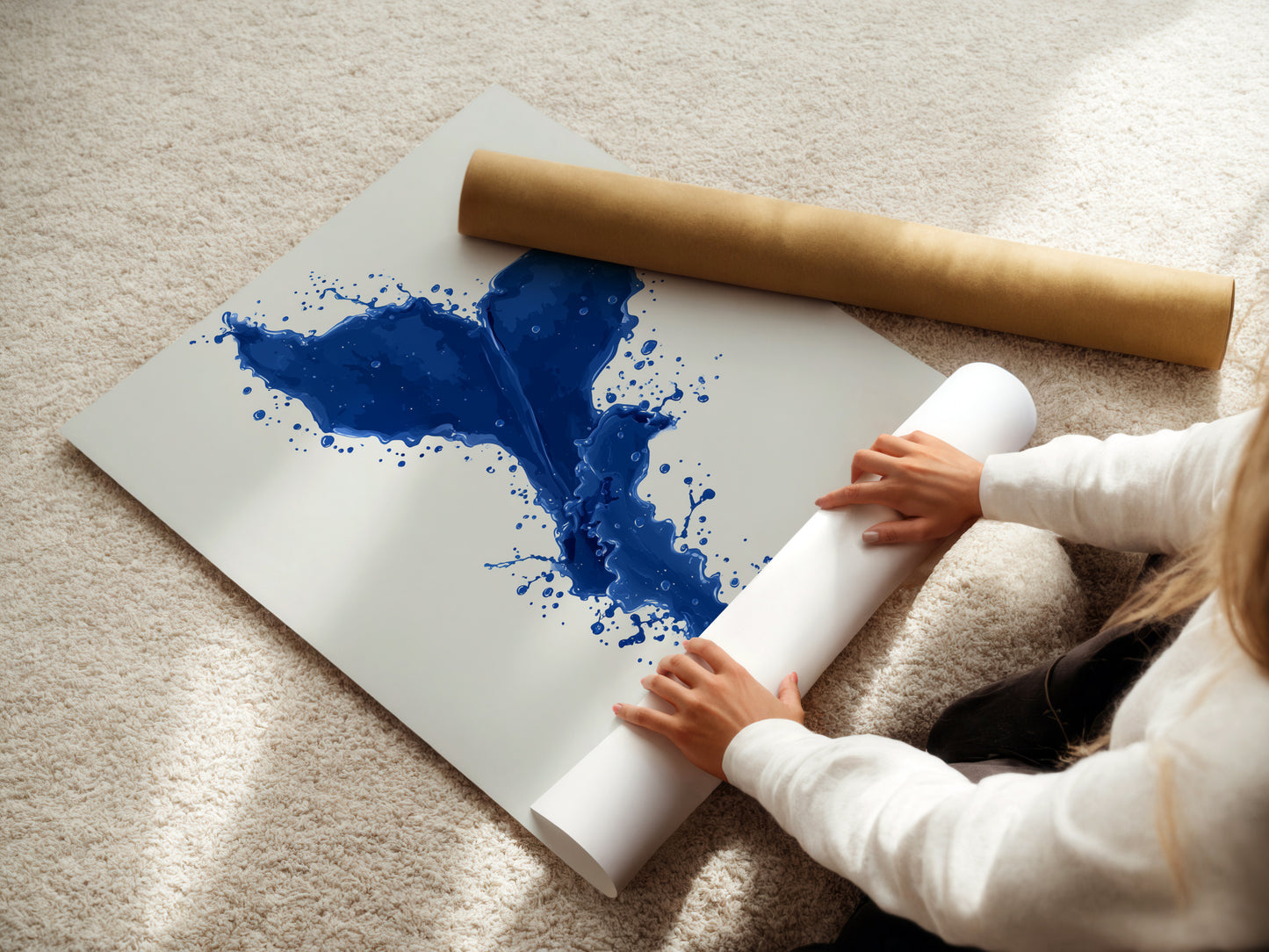 A woman carefully rolls a fine art poster paper. The paper features a cobalt blue whale tail artwork. This highlights the care in preparing nautical wall art. Perfect for ocean canvas prints.