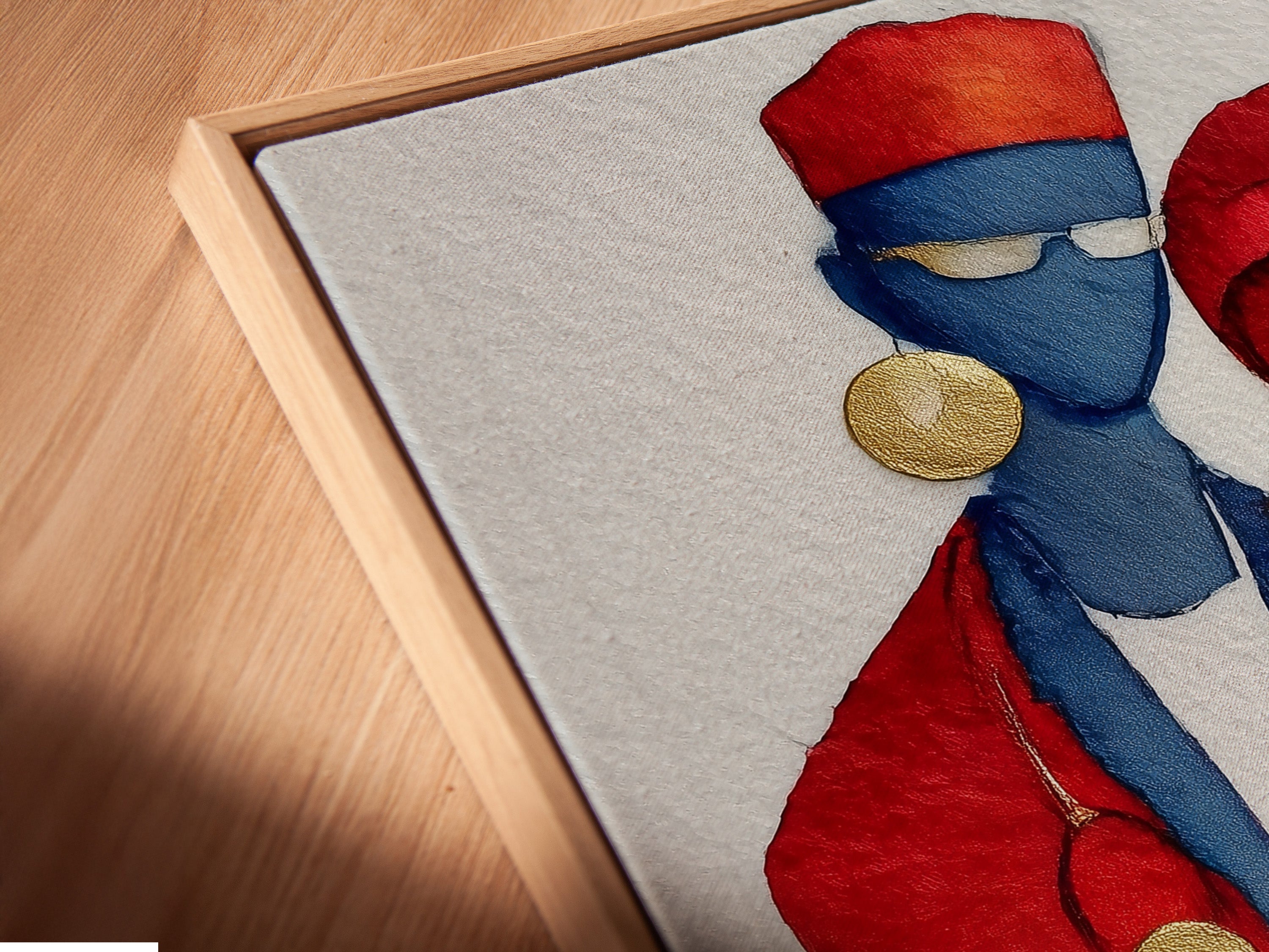 A close-up angled view of a canvas print in a floating frame. The watercolor artwork depicts an African family. The frame enhances the contemporary art. The artwork is ready to hang and enjoy. This is a stylish way to display cultural wall art.