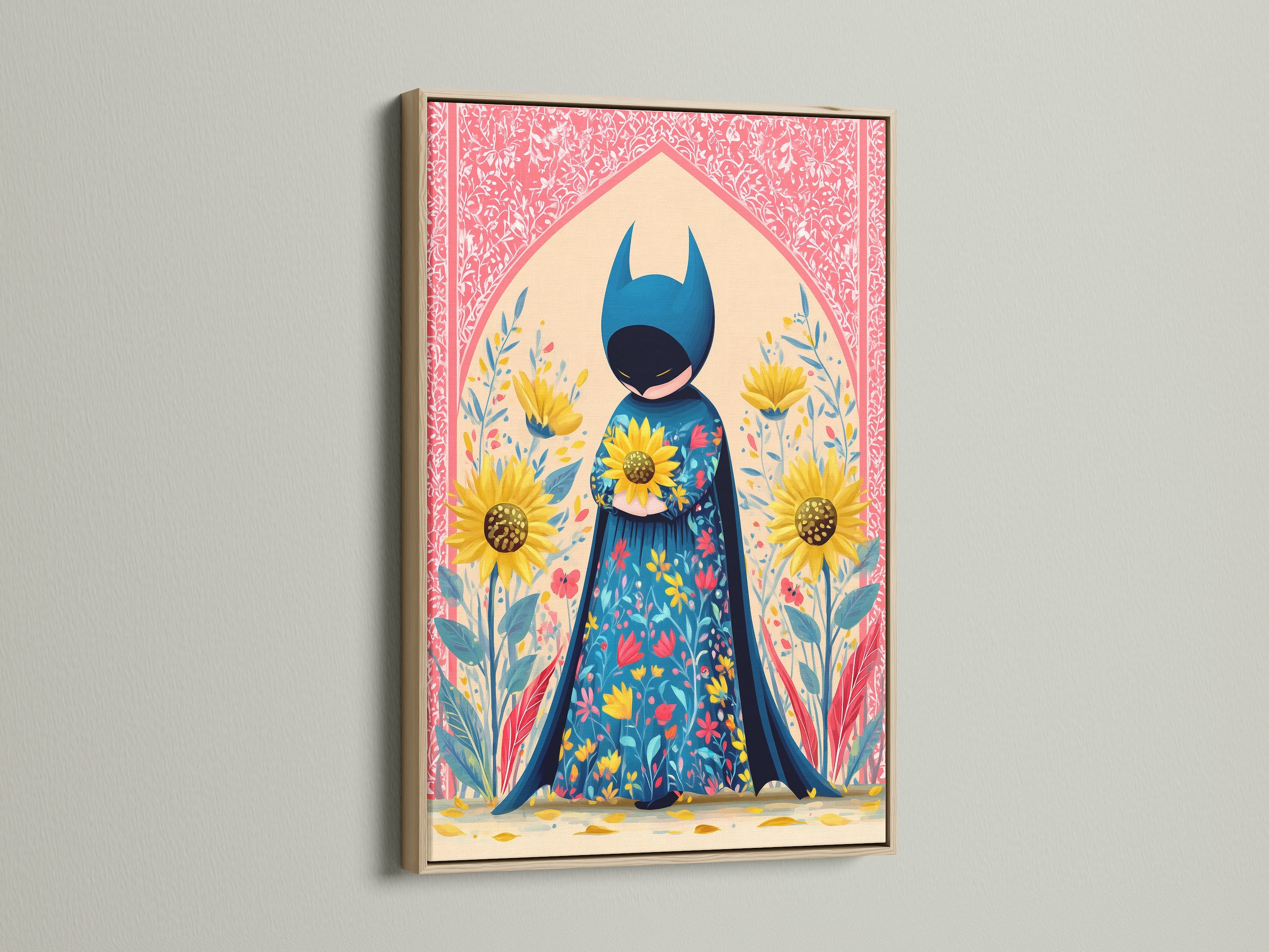 A superhero canvas artwork is displayed in an oak frame. The art features folk art with floral elements. It is perfect for kids' room decor. The artwork adds a whimsical touch. This colorful art is a unique gift for a child. It includes sunflowers and a hero canvas.
