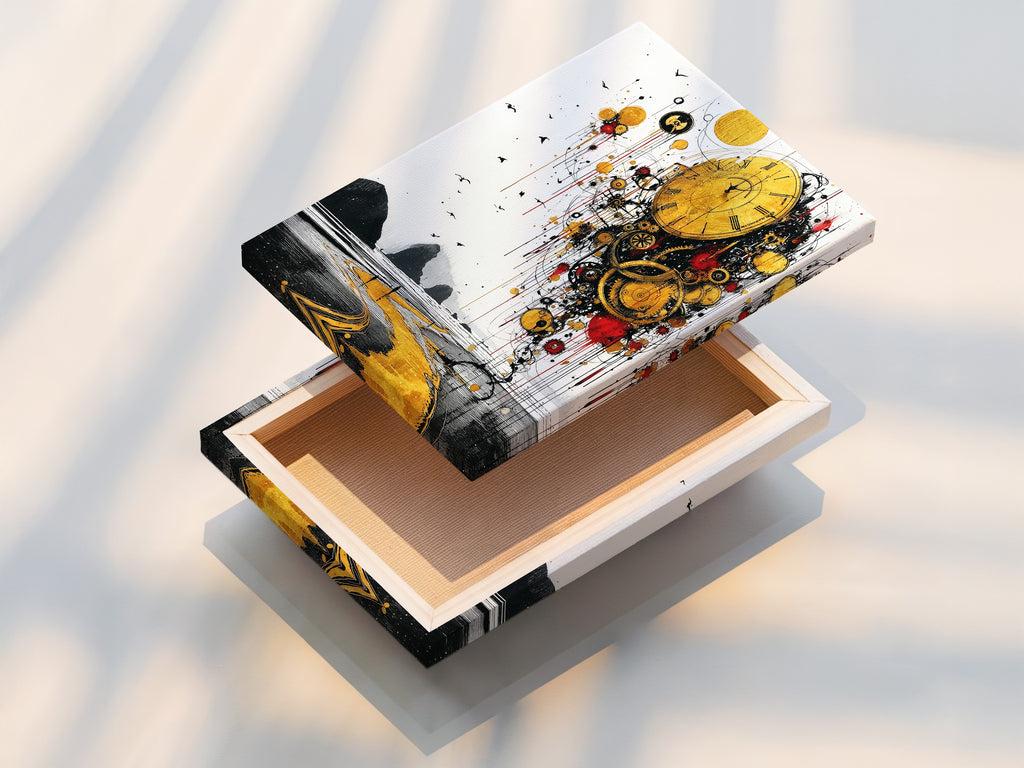 A stretched canvas print is displayed. This ready-to-hang option is ideal for surreal time artwork. The canvas texture enhances abstract clock art. Its a durable and vibrant choice for your golden landscape artwork. Great for home office wall art.