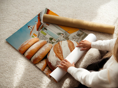 Woman rolling a fine art poster paper. The image shows the process of creating rustic artwork. Ideal for bakeries and breakfast nooks. It suits farmhouse country or French-inspired styles. The artwork adds warmth to any space.