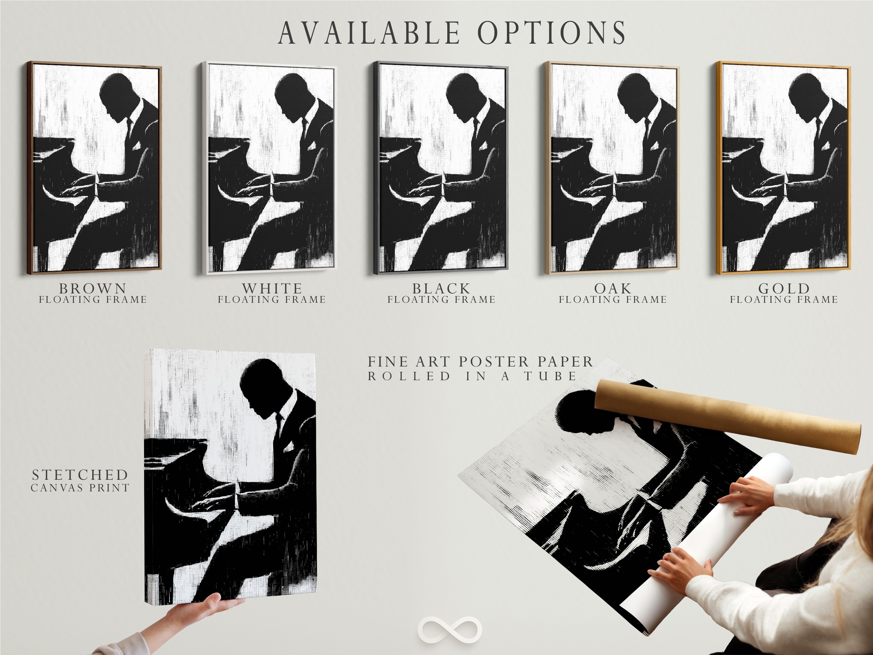 Explore available options including a stretched canvas print fine art poster paper and floating frame. The musician silhouette art print is versatile. This black and white jazz wall art is perfect for vintage music art.