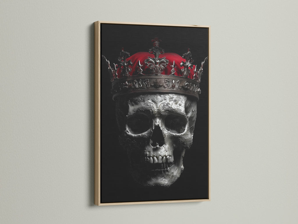 A striking skull king canvas print with a gothic crown in an oak frame. The dark macabre artwork enhances any space. Ideal gothic decor for living rooms bedrooms offices studios tattoo shops and boardrooms. Elevate your space with this wall art.