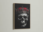 A striking skull king canvas print with a gothic crown in an oak frame. The dark macabre artwork enhances any space. Ideal gothic decor for living rooms bedrooms offices studios tattoo shops and boardrooms. Elevate your space with this wall art.