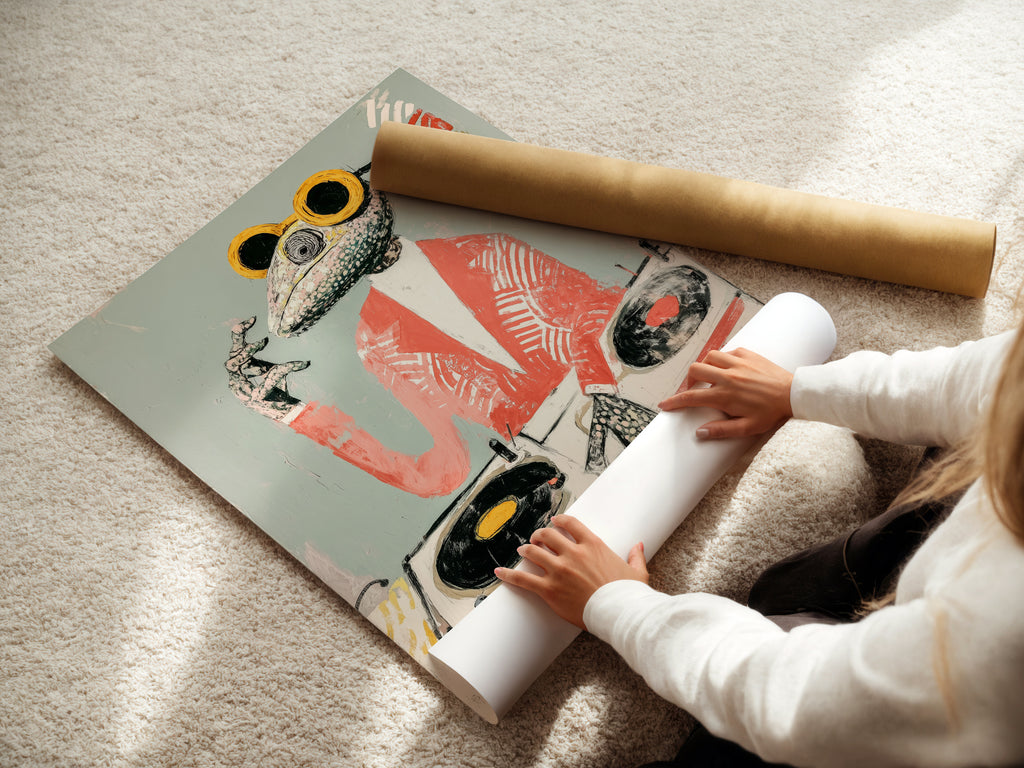 A woman is carefully rolling a fine art poster paper. She is preparing a Frog DJ art print. The fine art poster paper ensures high-quality retro music poster reproduction. Perfect for homeowners and renters seeking elevated modern wall art.