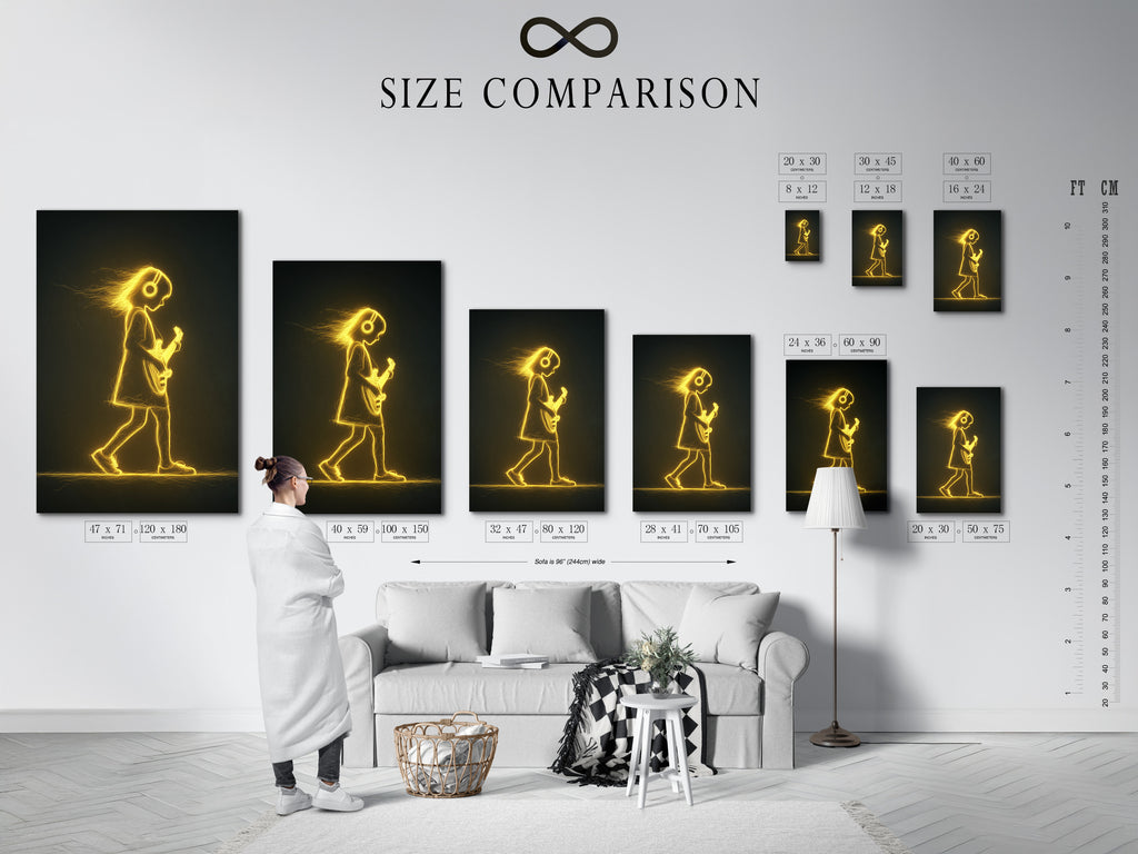 This size comparison chart shows the Guitar Player Canvas Art in an interior. See how different sizes fit your space. Find the perfect fit for your music room. Visualize the impact of this musician artwork.