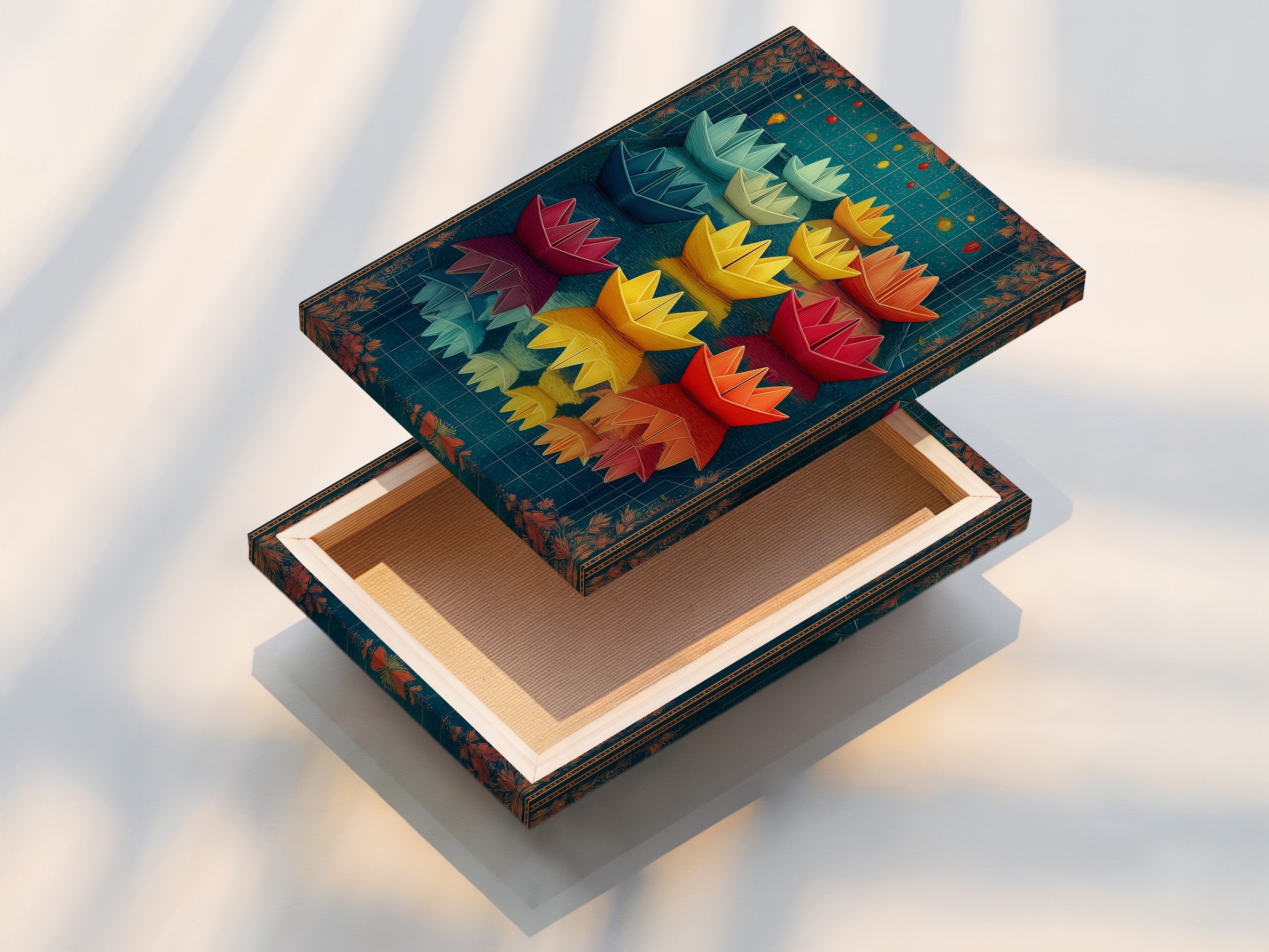 A stretched canvas print of the Paper Boat artwork. This shows the texture and depth of the canvas. The teal and red colors are vibrant. It's a perfect piece for nursery decor or playroom art.